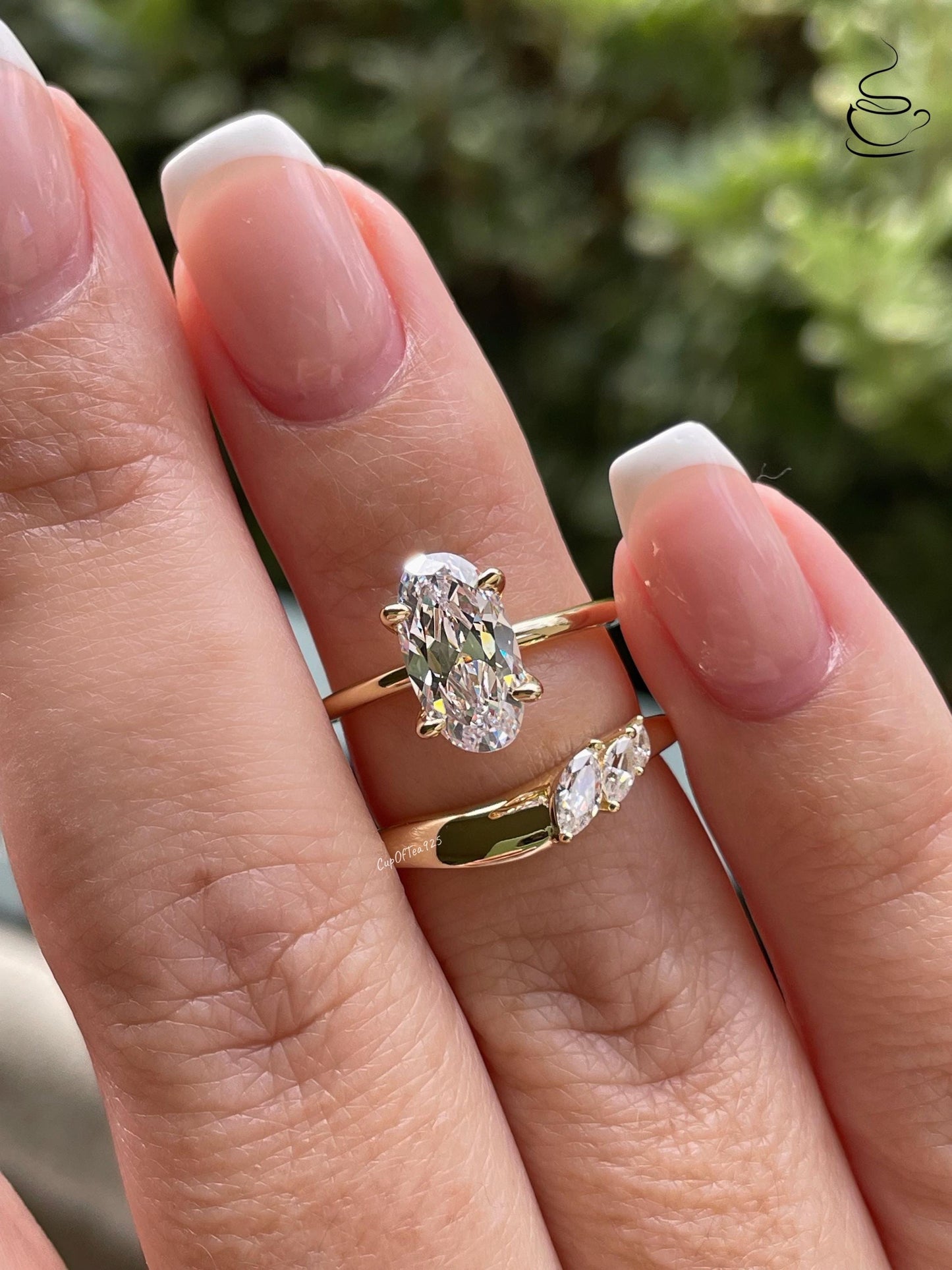 NewIn! Yellow gold, rose gold over sterling silver 925, bridal set with 2.25CT skinny oval cut CZ diamond & curved band, engagement ring set