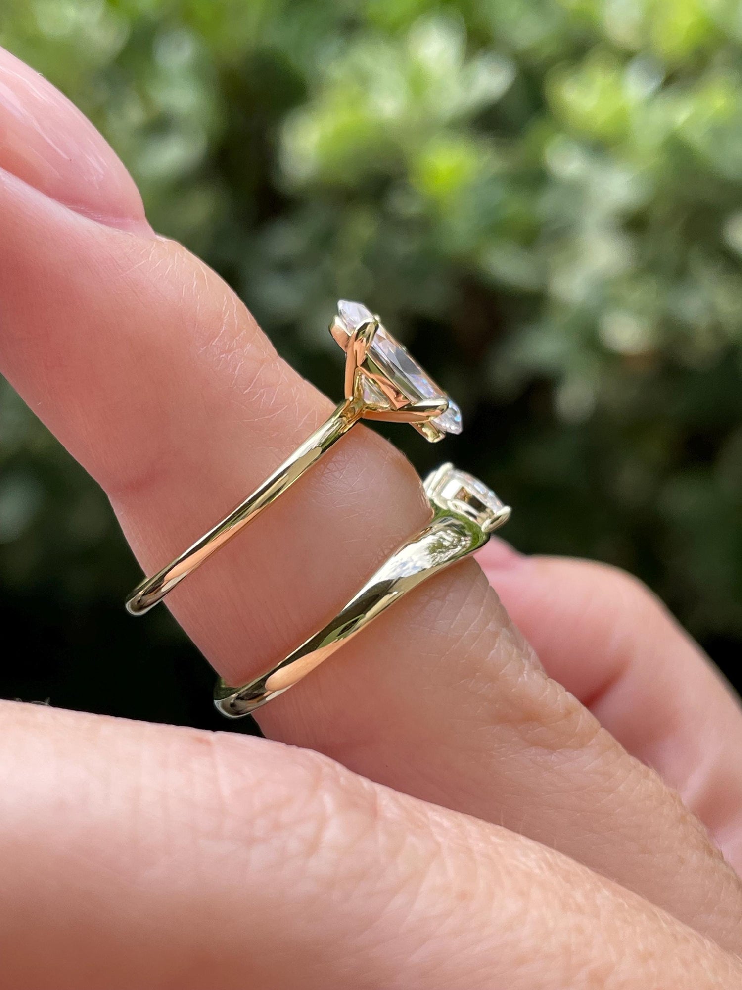 NewIn! Yellow gold, rose gold over sterling silver 925, bridal set with 2.25CT skinny oval cut CZ diamond & curved band, engagement ring set
