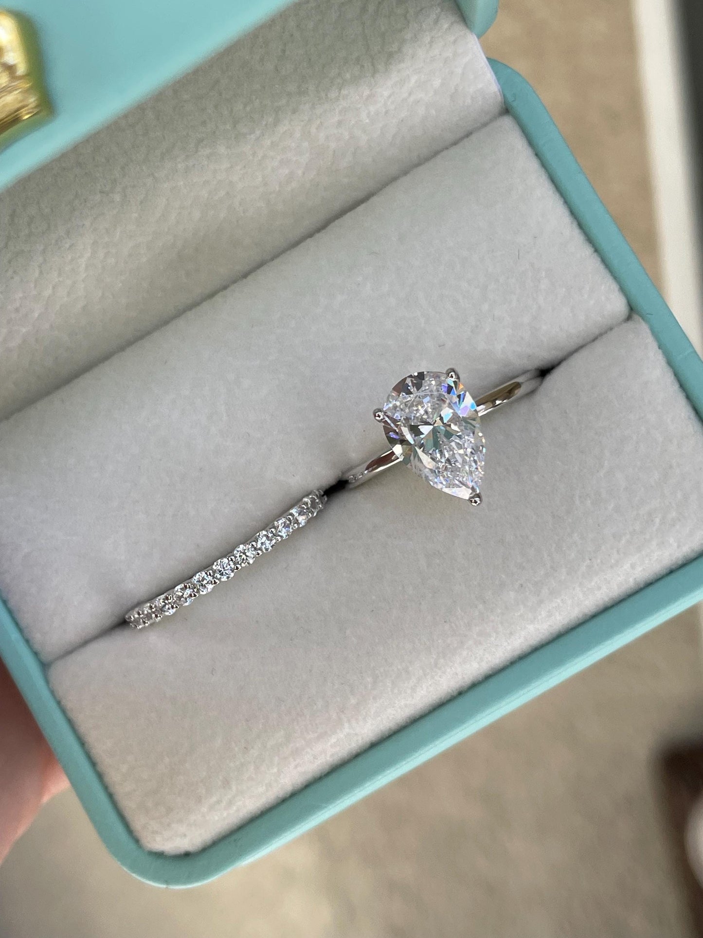 Sterling silver 925, Yellow gold vermeil bridal set with 2CT , 3CT pear cut CZ simulated diamond engagement ring and half eternity band