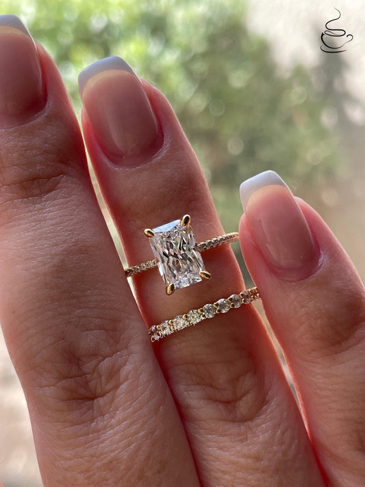 Radiant Cut CZ Engagement Ring Set: Sterling Silver, Yellow Gold Vermeil, Hidden Halo