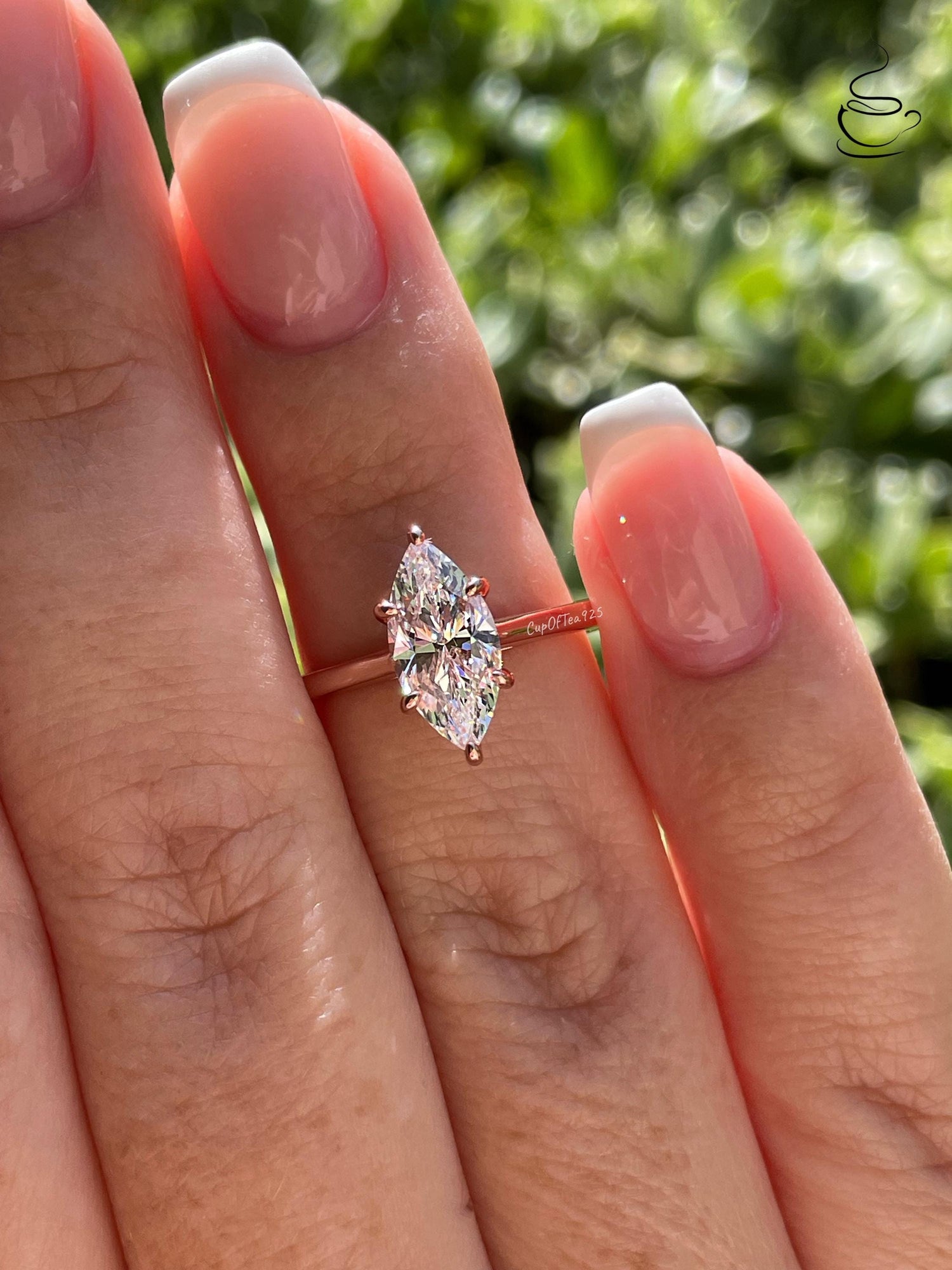 Marquise Cut CZ Diamond Engagement Ring: Sterling Silver, Gold Rose gold Vermeil