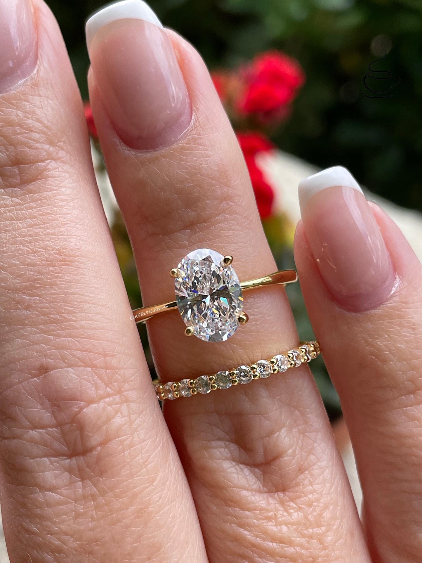 Yellow Gold Vermeil, Sterling Silver 925 bridal set with 3.5CT or 2.5CT oval cut Solitare engagement ring and half eternity band