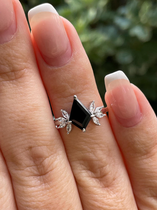 Black Onyx Ring, Sterling Silver 925 kite shaped black onyx engagement ring