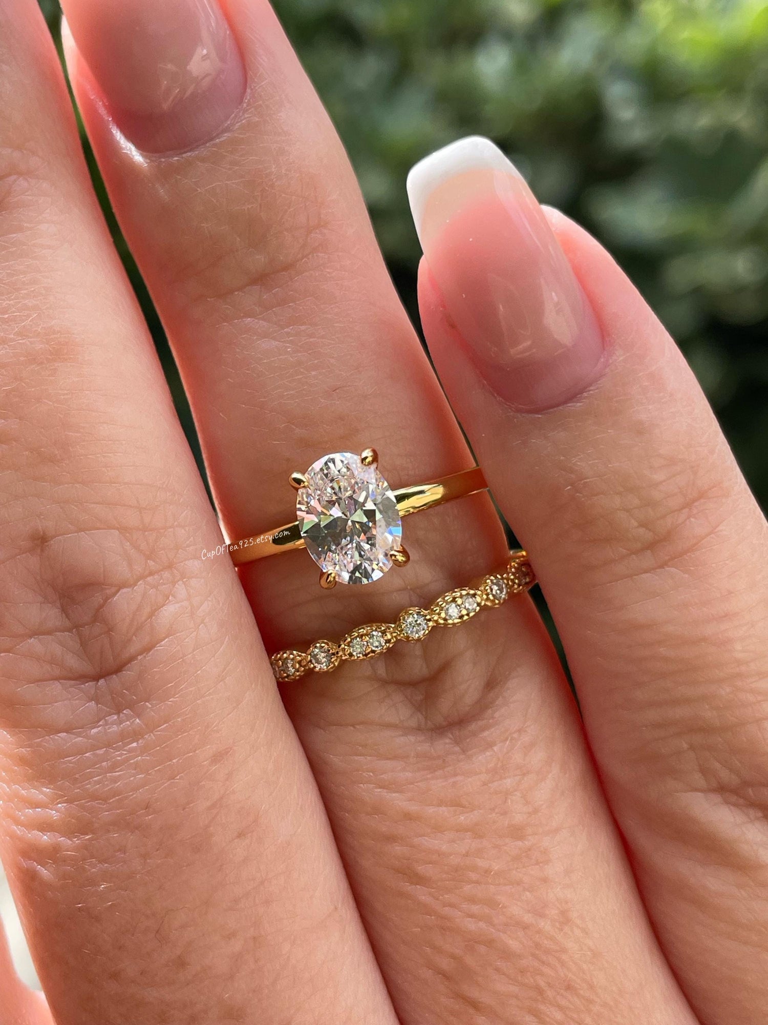 Moissanite bridal ring set with 1.5CT oval cut Solitare engagement ring and art deco band in silver 925, yellow gold, rose gold