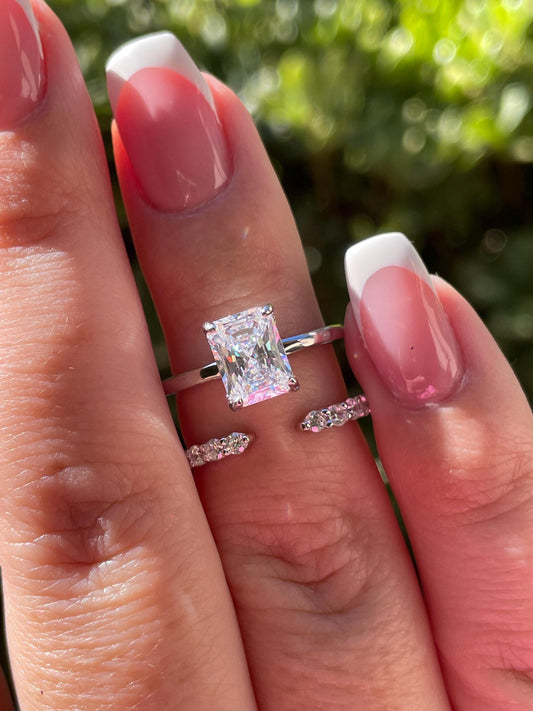 Radiant Cut Bridal Set with hidden halo, Yellow Gold vermeil, Sterling Silver Engagement Ring set with simulated diamonds, proposal ring