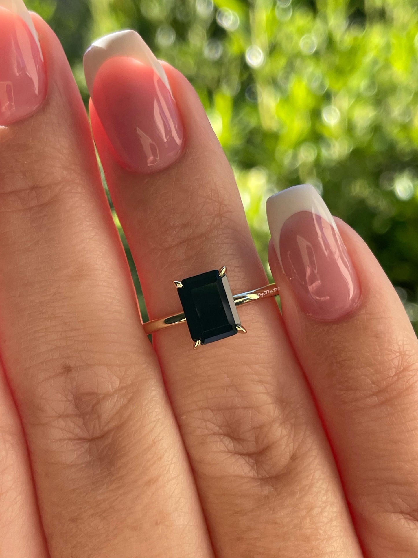 Emerald Cut Black Onyx Ring, Yellow Gold vermeil Ring with hidden halo, rose gold black onyx ring