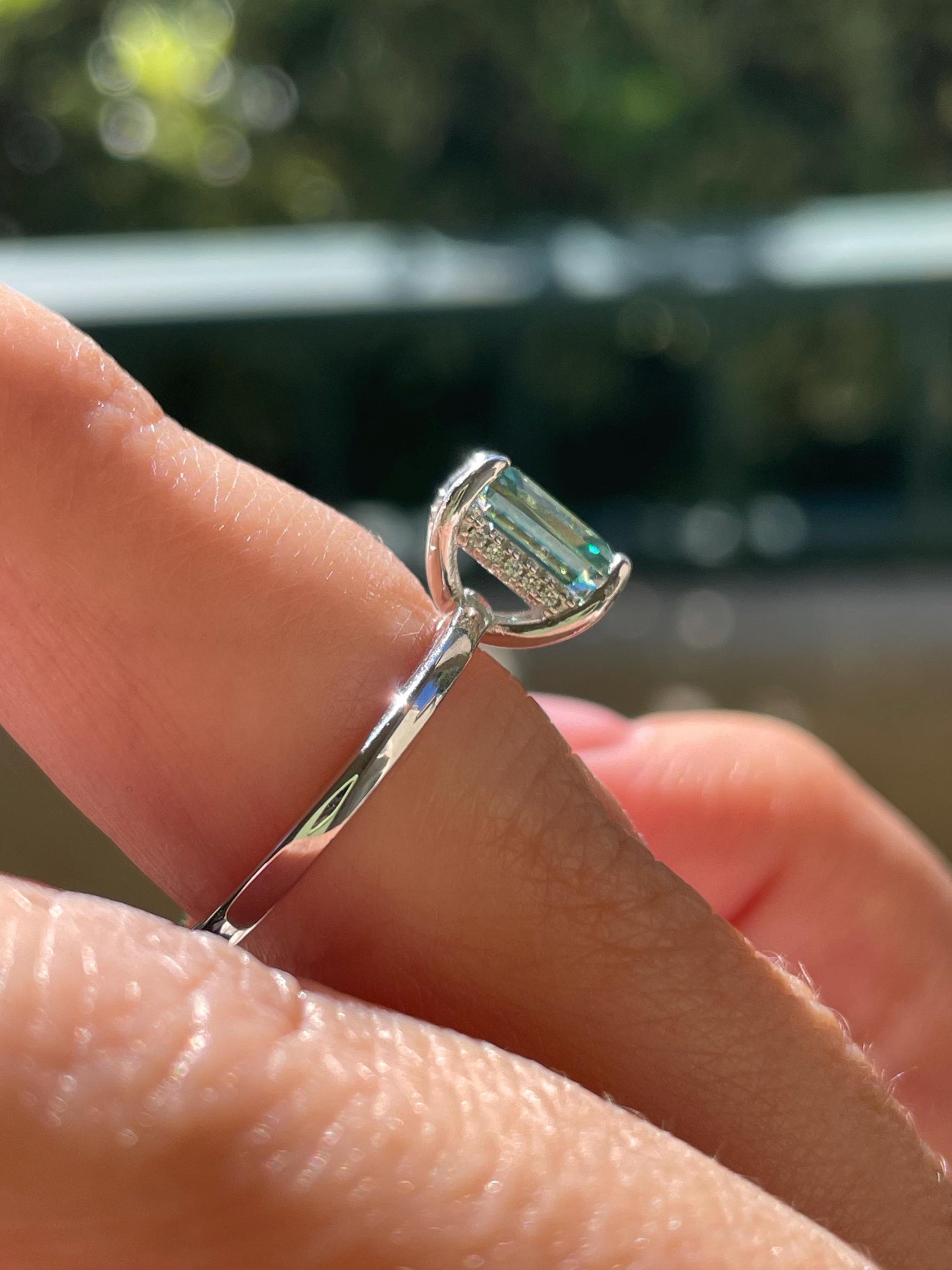 Moissanite engagement ring with 2CT green emerald cut and hidden halo, sterling silver ring with green moissanite