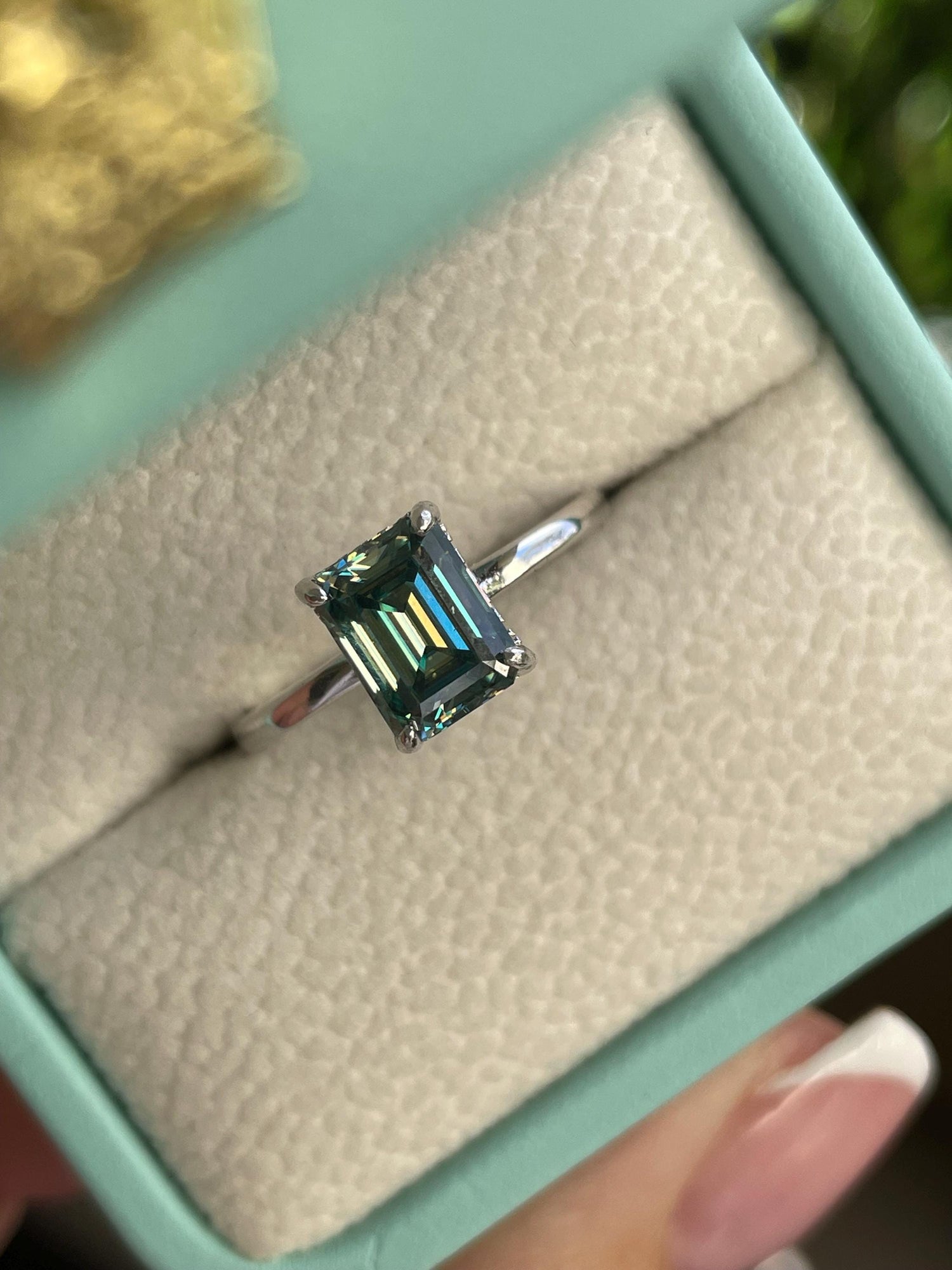 Moissanite engagement ring with 2CT green emerald cut and hidden halo, sterling silver ring with green moissanite