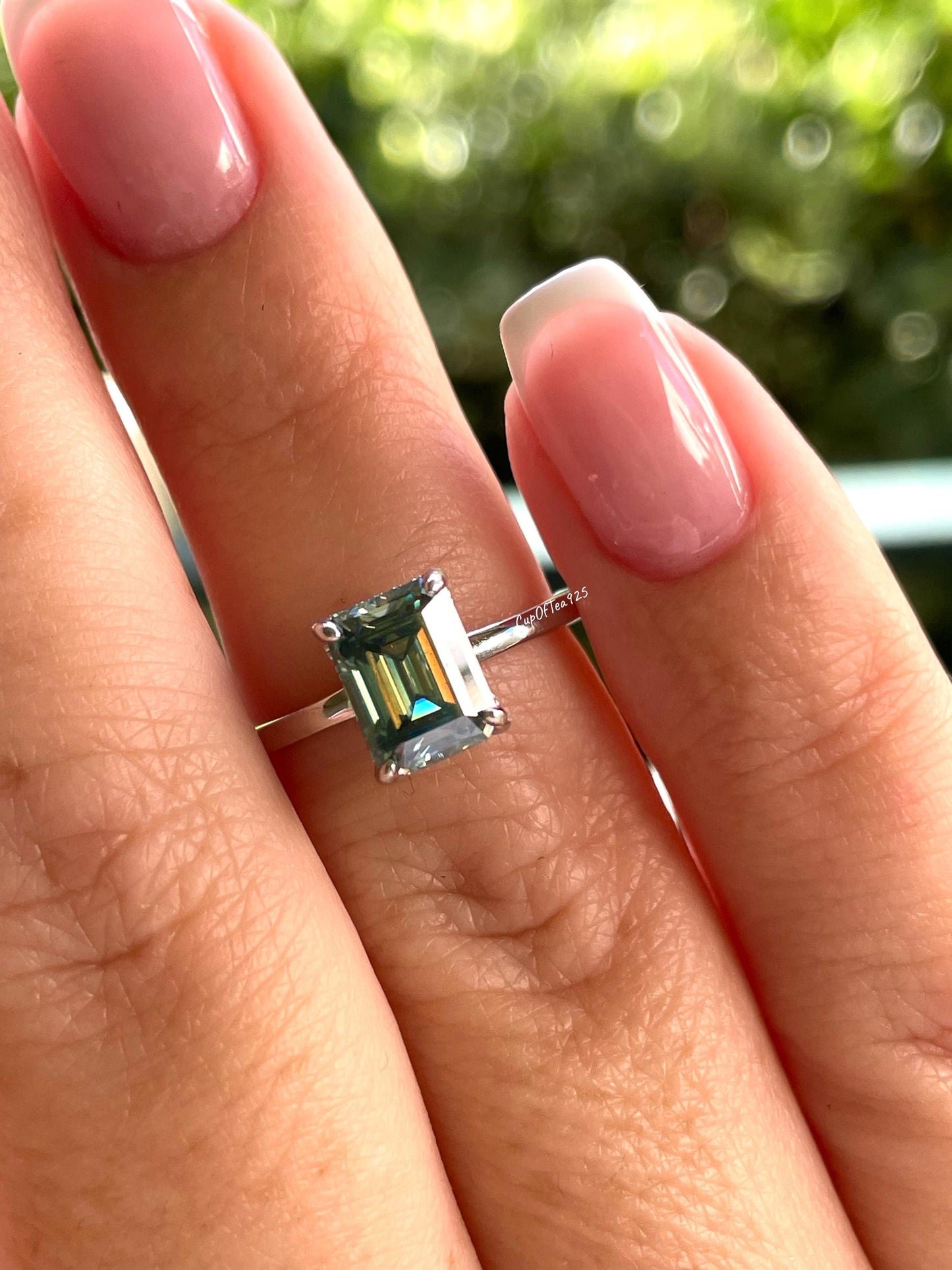 Moissanite engagement ring with 2CT green emerald cut and hidden halo, sterling silver ring with green moissanite