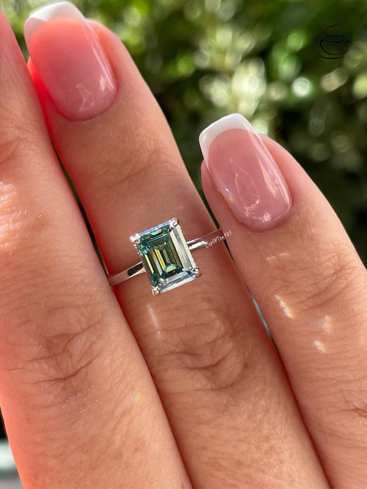 Moissanite engagement ring with 2CT green emerald cut and hidden halo, sterling silver ring with green moissanite