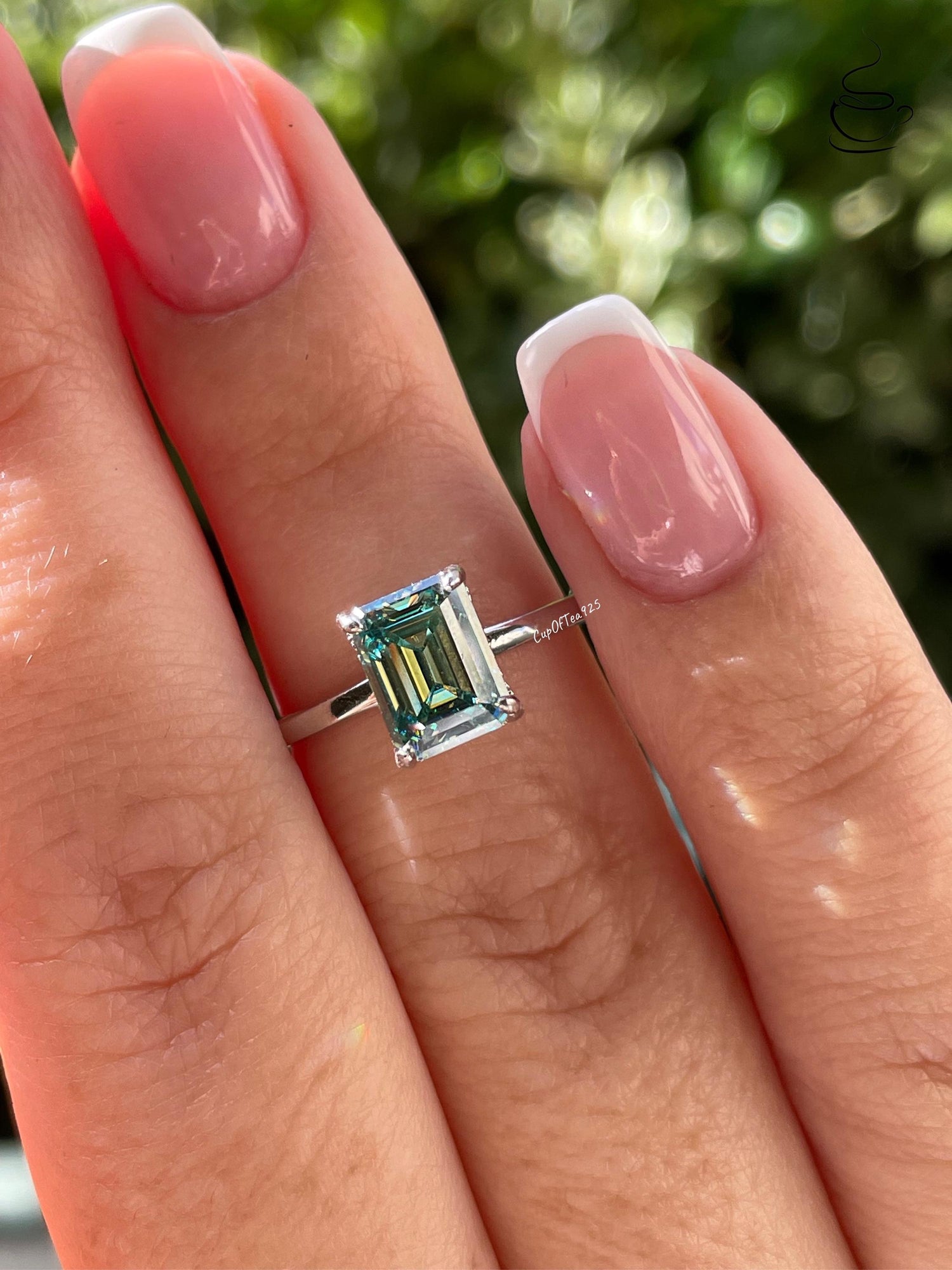 Moissanite engagement ring with 2CT green emerald cut and hidden halo, sterling silver ring with green moissanite