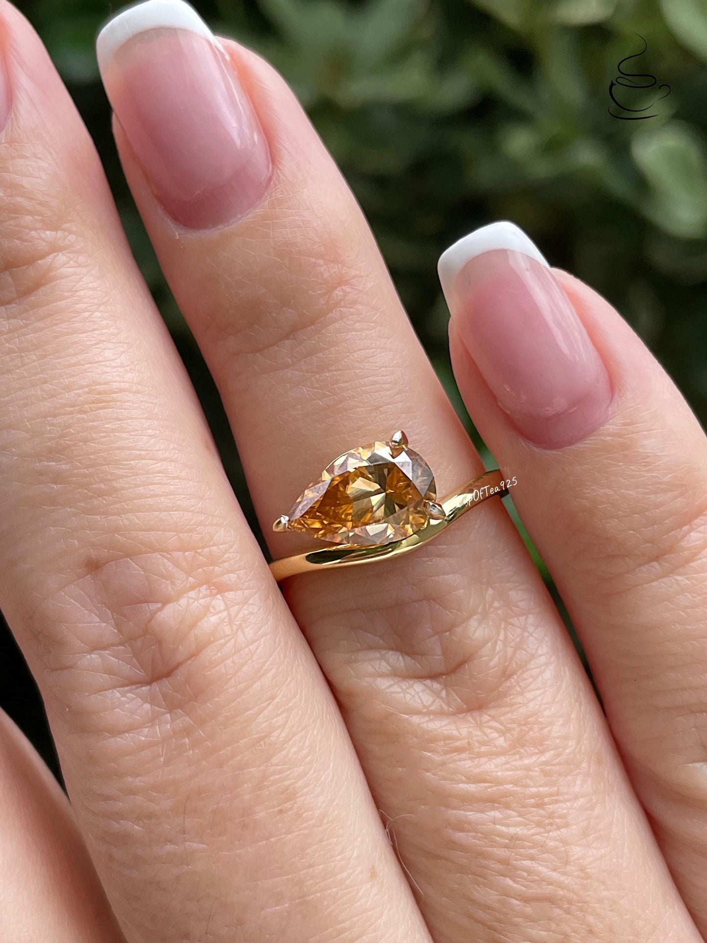 3CT Champagne moissanite ring, Pear Cut East-West Sterling Silver Engagement Ring, Yellow Gold Vermeil pear shaped ring, friendship ring,