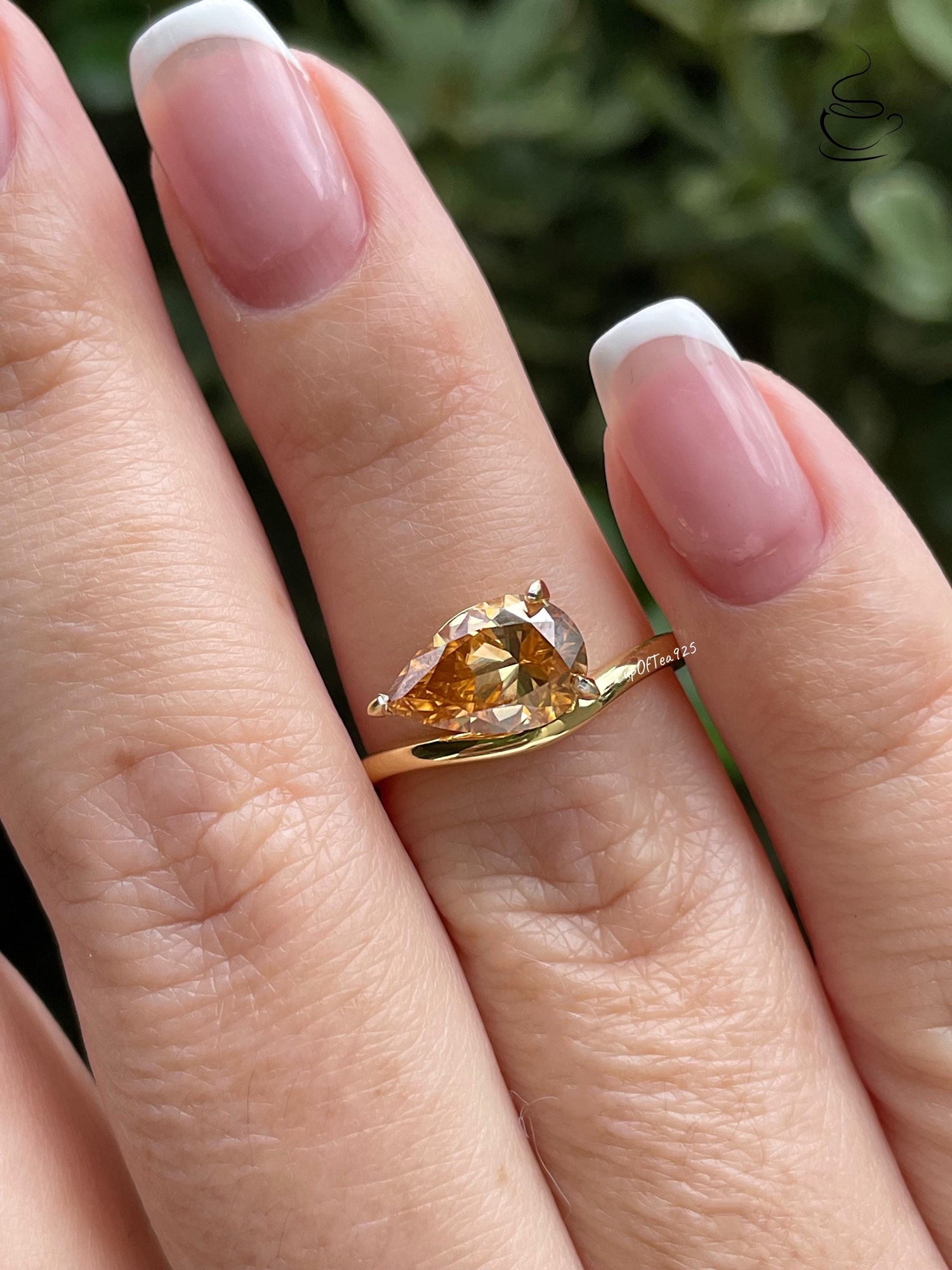 3CT Champagne moissanite ring, Pear Cut East-West Sterling Silver Engagement Ring, Yellow Gold Vermeil pear shaped ring, friendship ring,