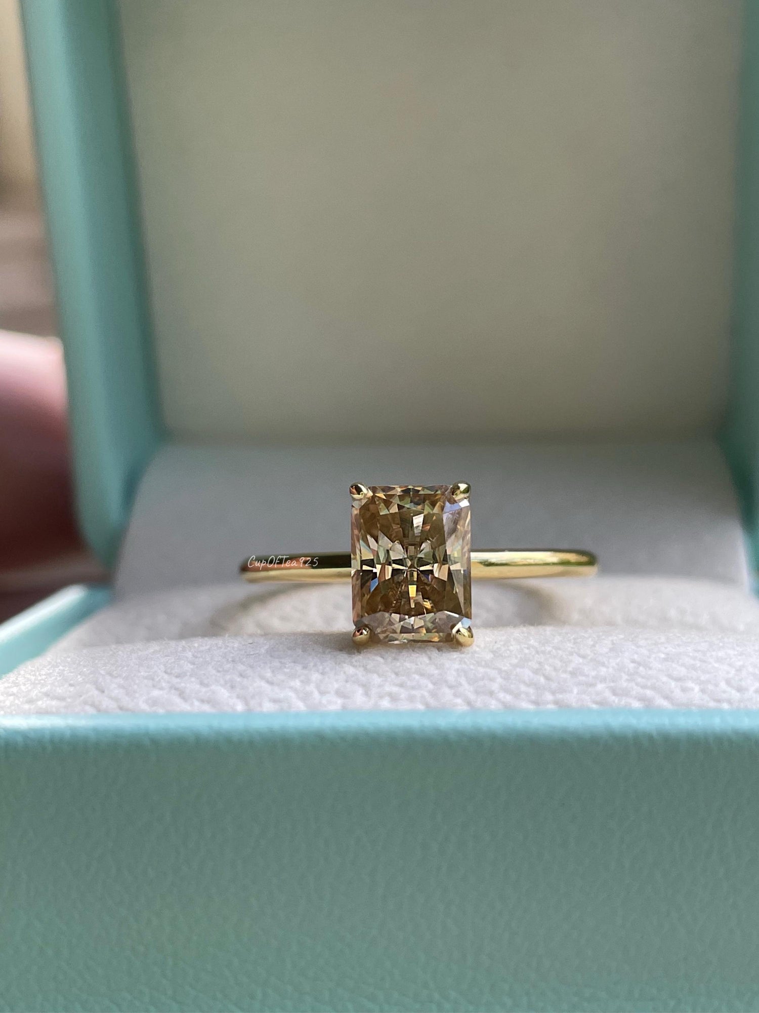 2CT radiant cut champagne moissanite engagement ring with hidden halo, gift for her