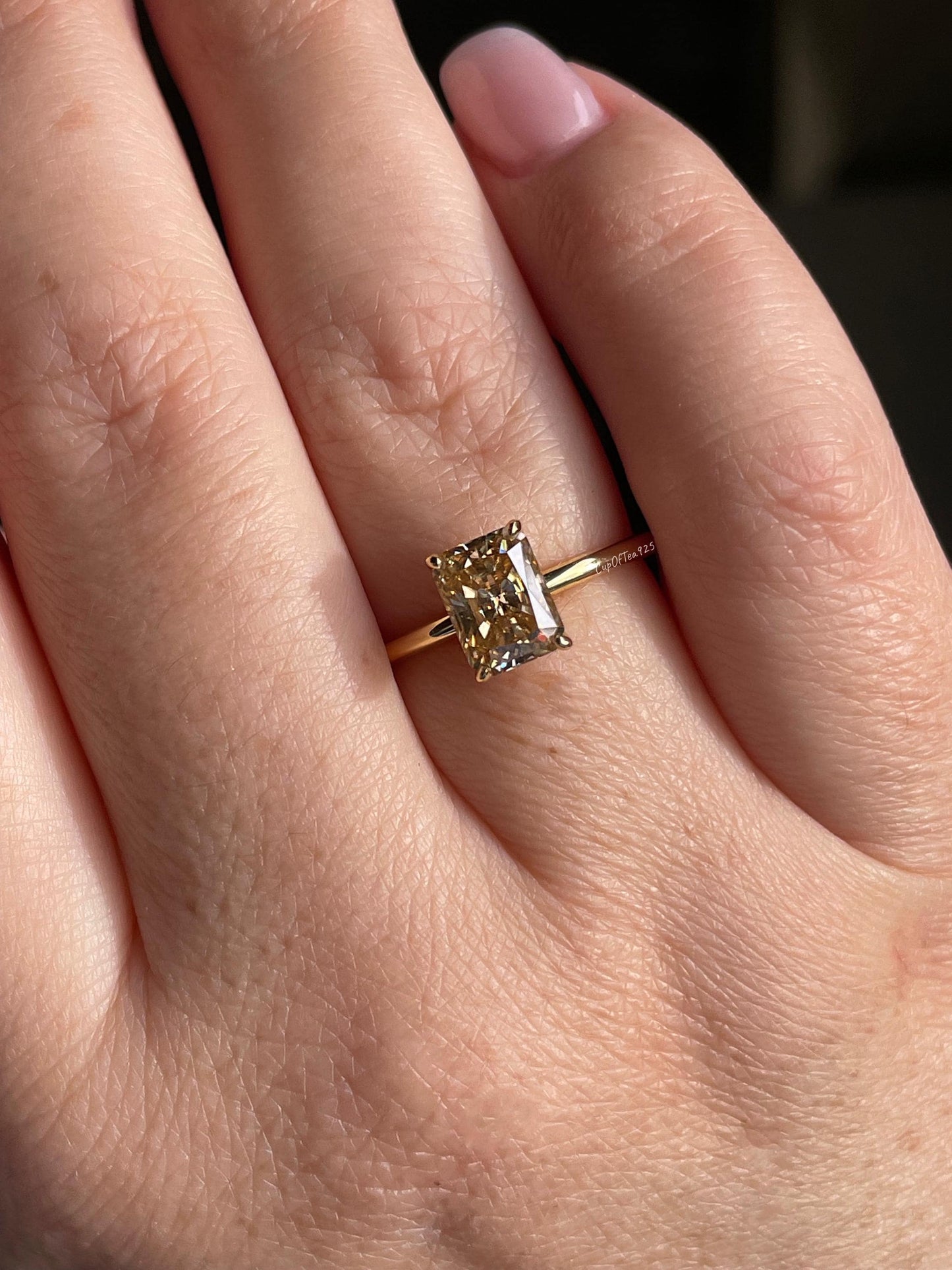 2CT radiant cut champagne moissanite engagement ring with hidden halo, gift for her