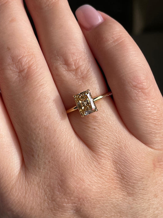 2CT radiant cut champagne moissanite engagement ring with hidden halo, gift for her