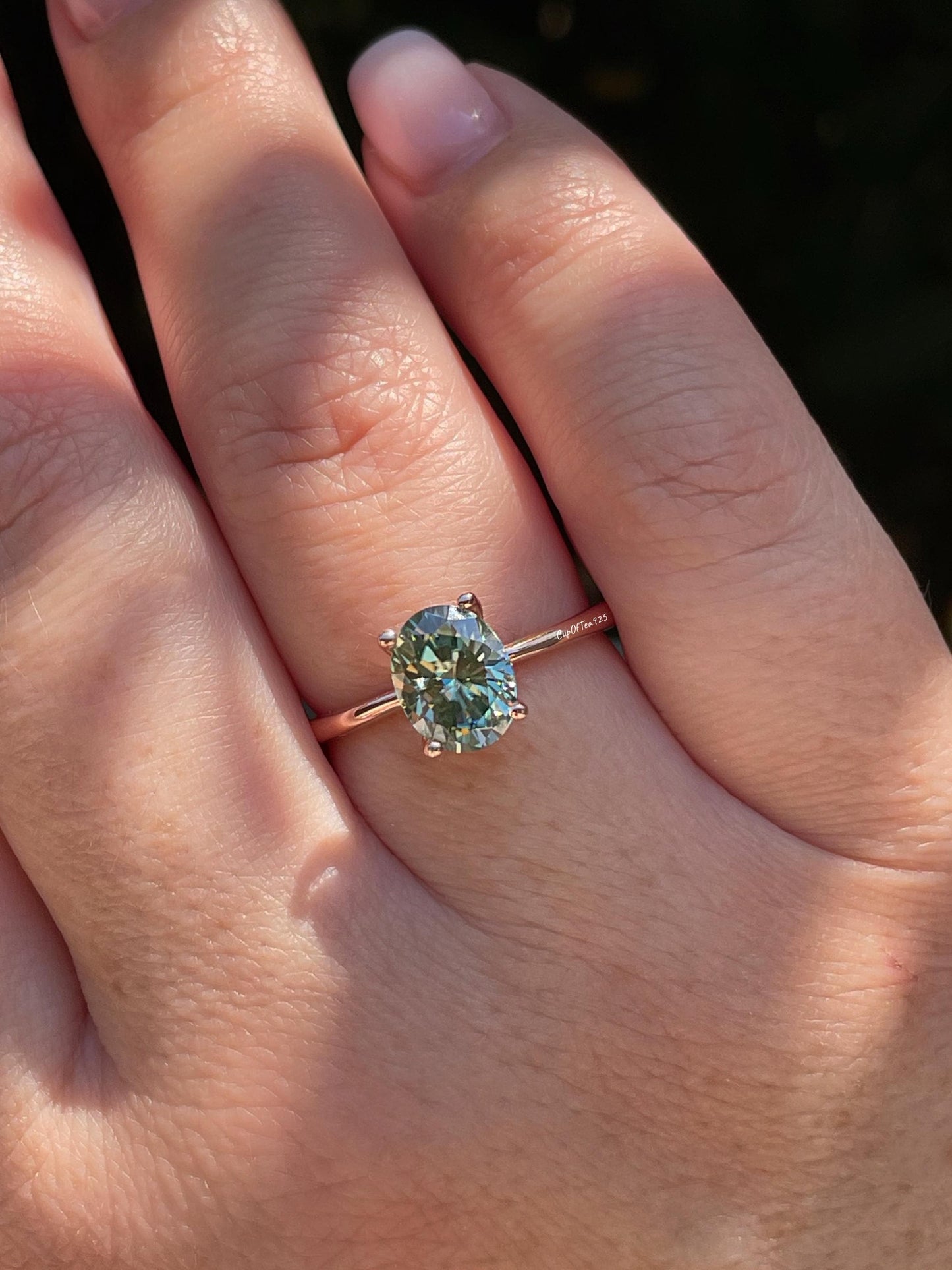 2CT oval green moissanite engagement ring in rose gold vermeil, yellow gold vermeil engagement ring, green gemstone ring, may birthstone
