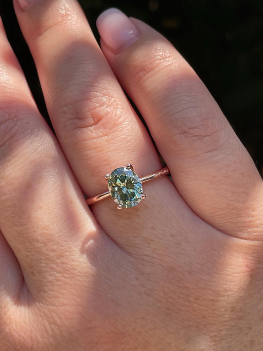 2CT oval green moissanite engagement ring in rose gold vermeil, yellow gold vermeil engagement ring, green gemstone ring, may birthstone