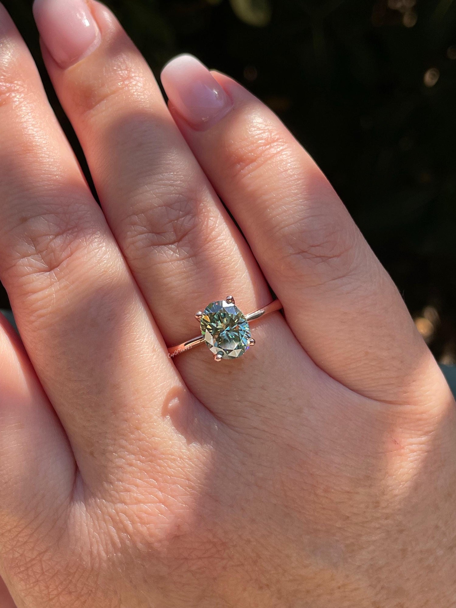 2CT oval green moissanite engagement ring in rose gold vermeil, yellow gold vermeil engagement ring, green gemstone ring, may birthstone