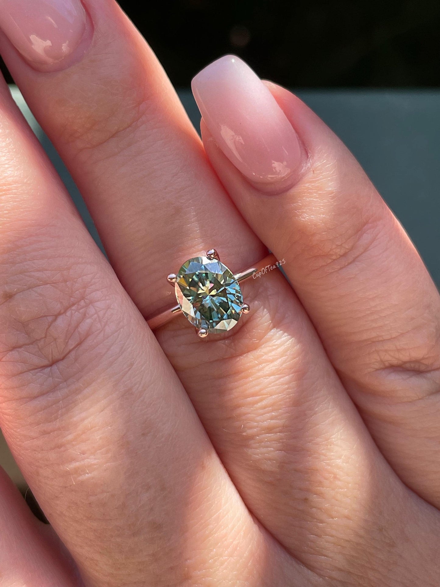 2CT oval green moissanite engagement ring in rose gold vermeil, yellow gold vermeil engagement ring, green gemstone ring, may birthstone