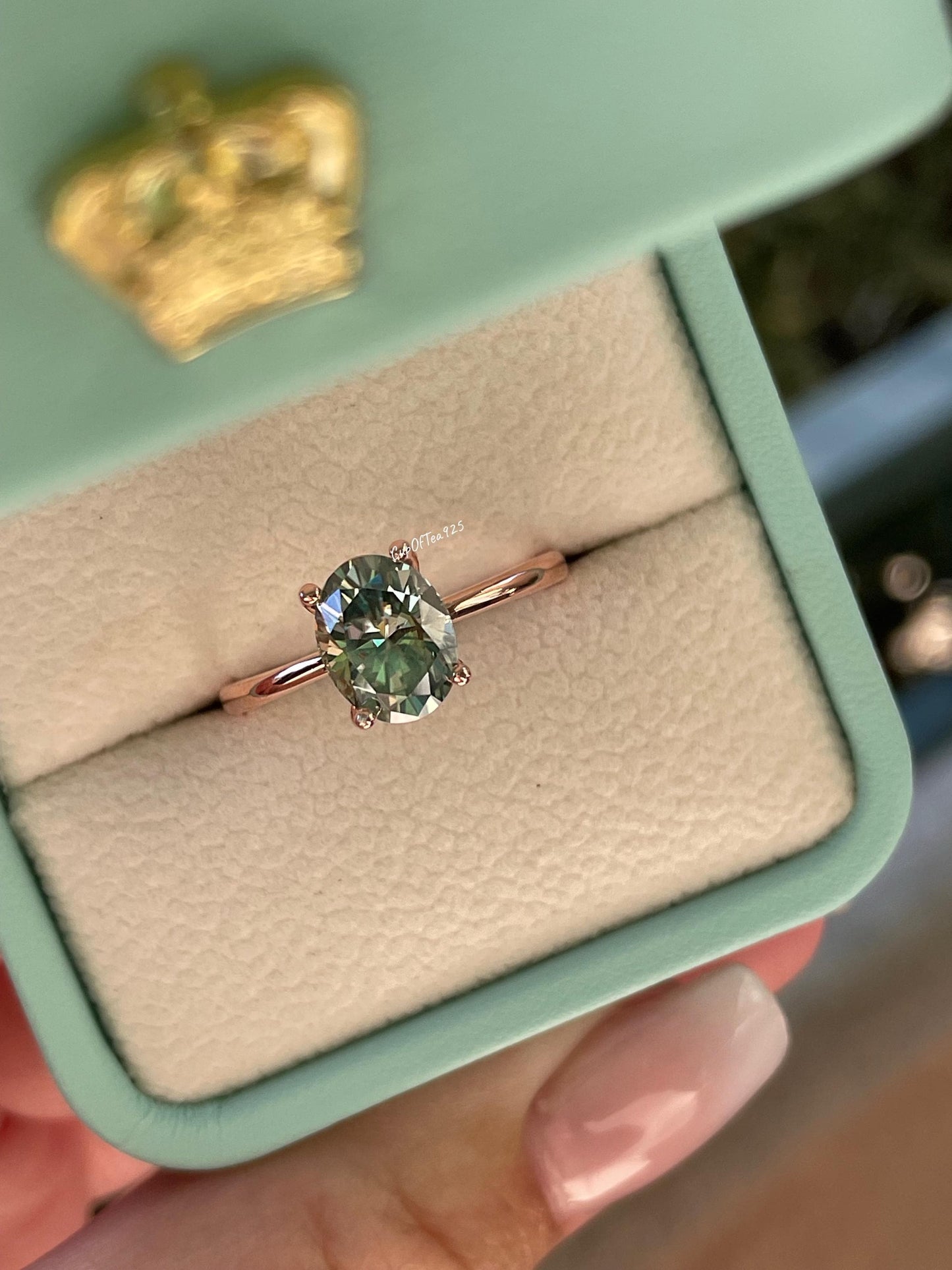 2CT oval green moissanite engagement ring in rose gold vermeil, yellow gold vermeil engagement ring, green gemstone ring, may birthstone