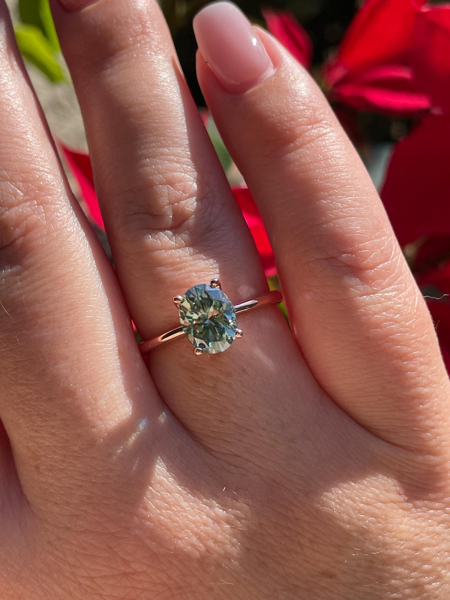 2CT oval green moissanite engagement ring in rose gold vermeil, yellow gold vermeil engagement ring, green gemstone ring, may birthstone