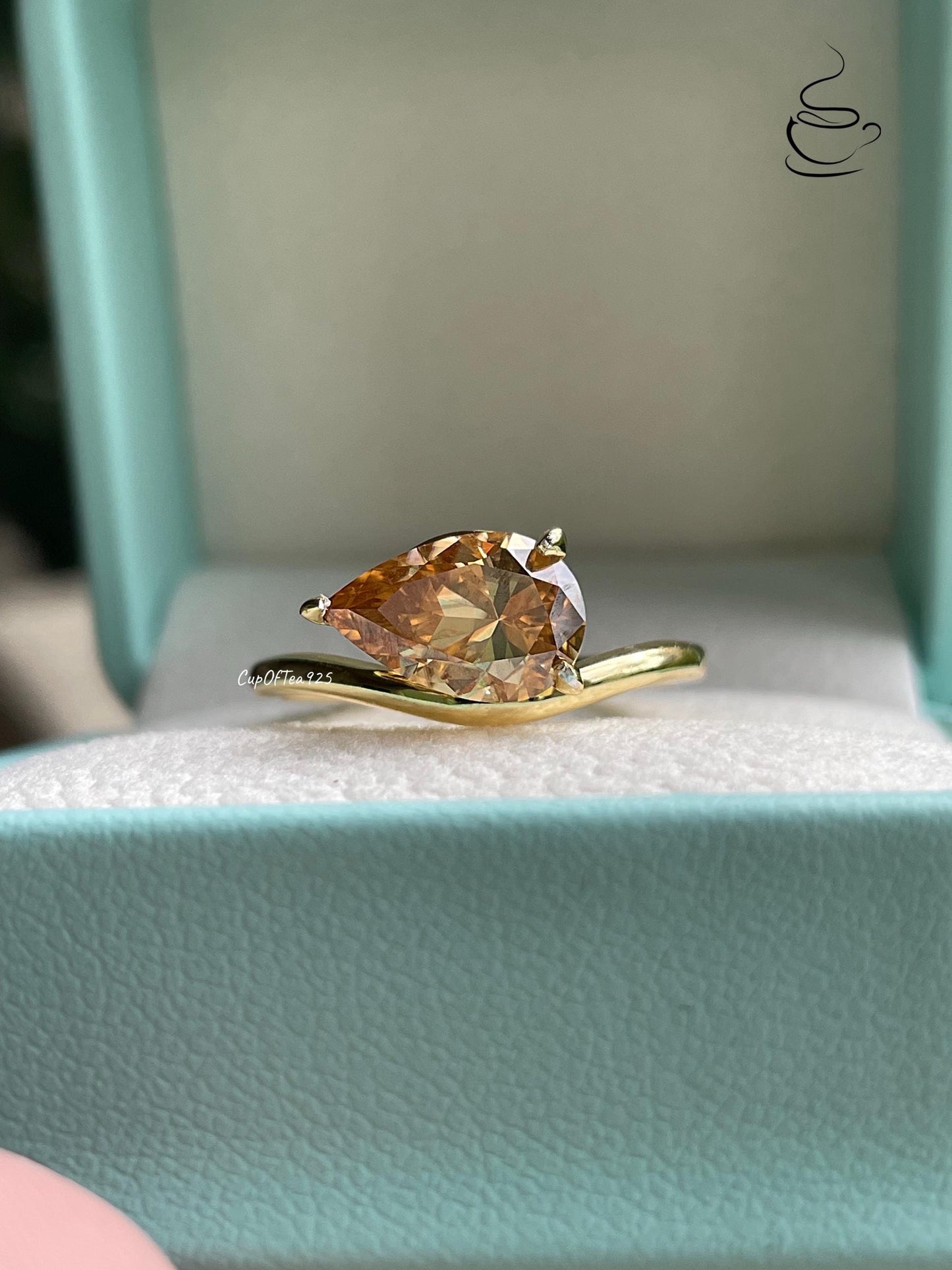 3CT Champagne moissanite ring, Pear Cut East-West Sterling Silver Engagement Ring, Yellow Gold Vermeil pear shaped ring, friendship ring,