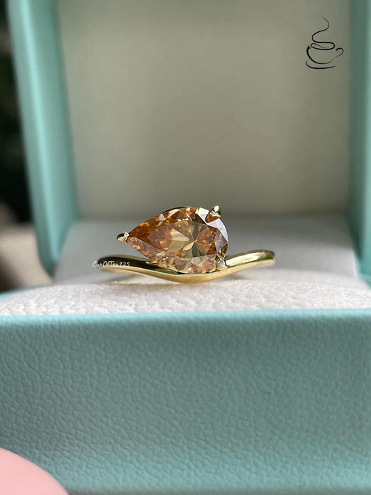 3CT Champagne moissanite ring, Pear Cut East-West Sterling Silver Engagement Ring, Yellow Gold Vermeil pear shaped ring, friendship ring,