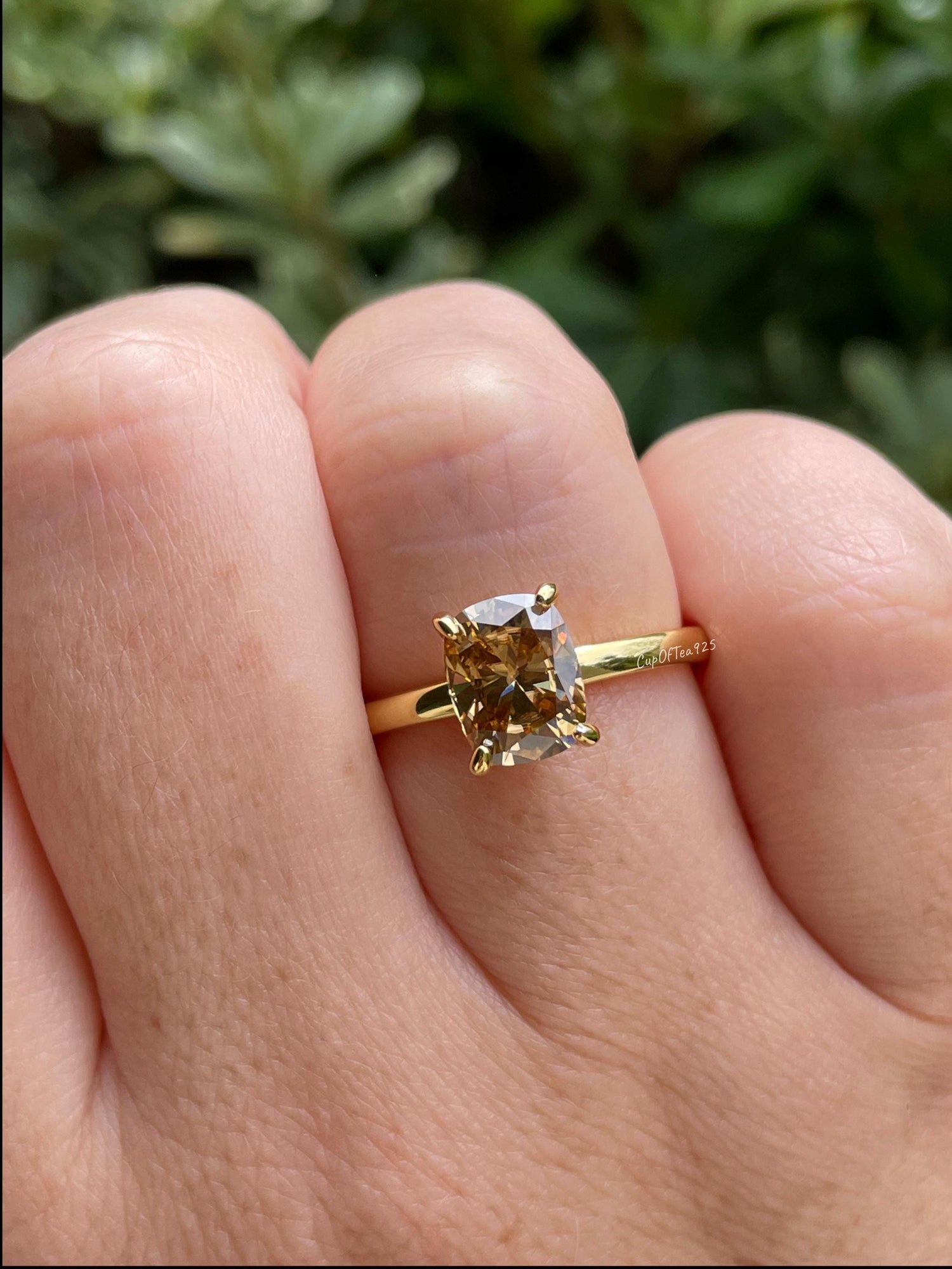 3CT moissanite champagne elongated cushion cut engagement ring with hidden halo, champagne moissanite ring, cushion cut moissanite ring