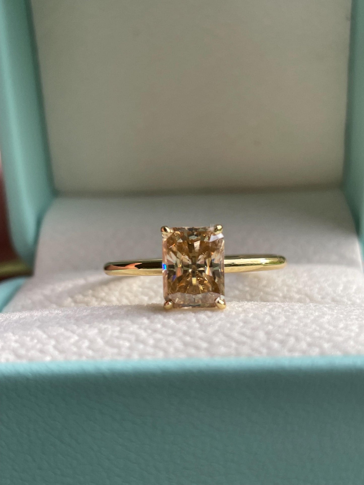 2CT radiant cut champagne moissanite engagement ring with hidden halo, gift for her