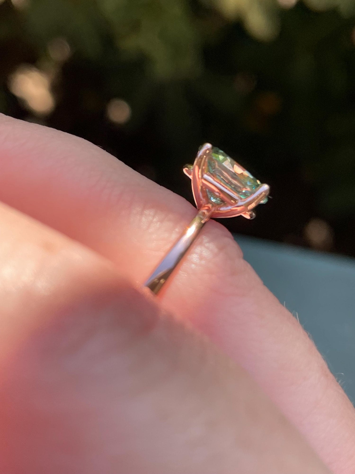 2CT oval green moissanite engagement ring in rose gold vermeil, yellow gold vermeil engagement ring, green gemstone ring, may birthstone