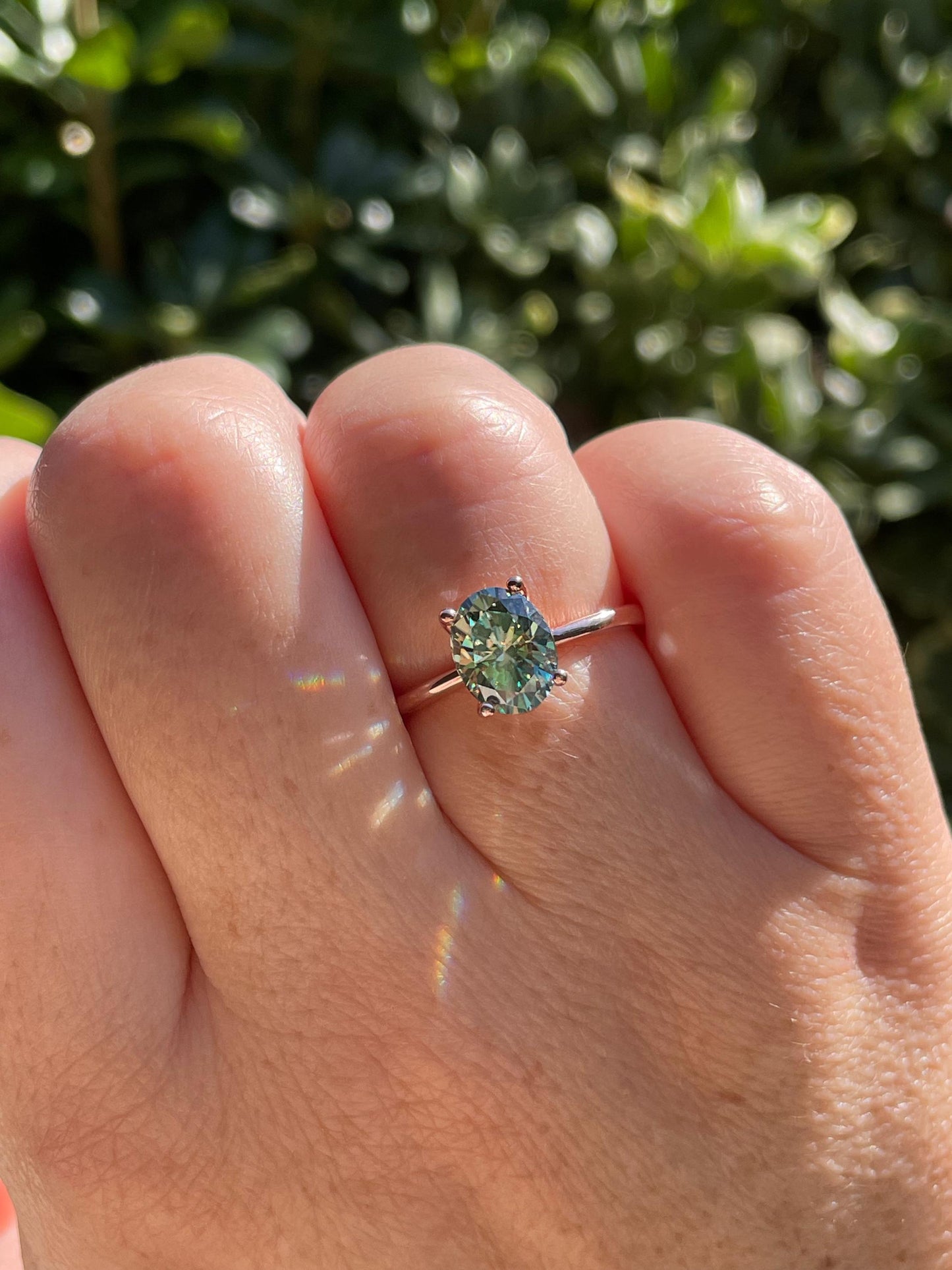 2CT oval green moissanite engagement ring in rose gold vermeil, yellow gold vermeil engagement ring, green gemstone ring, may birthstone