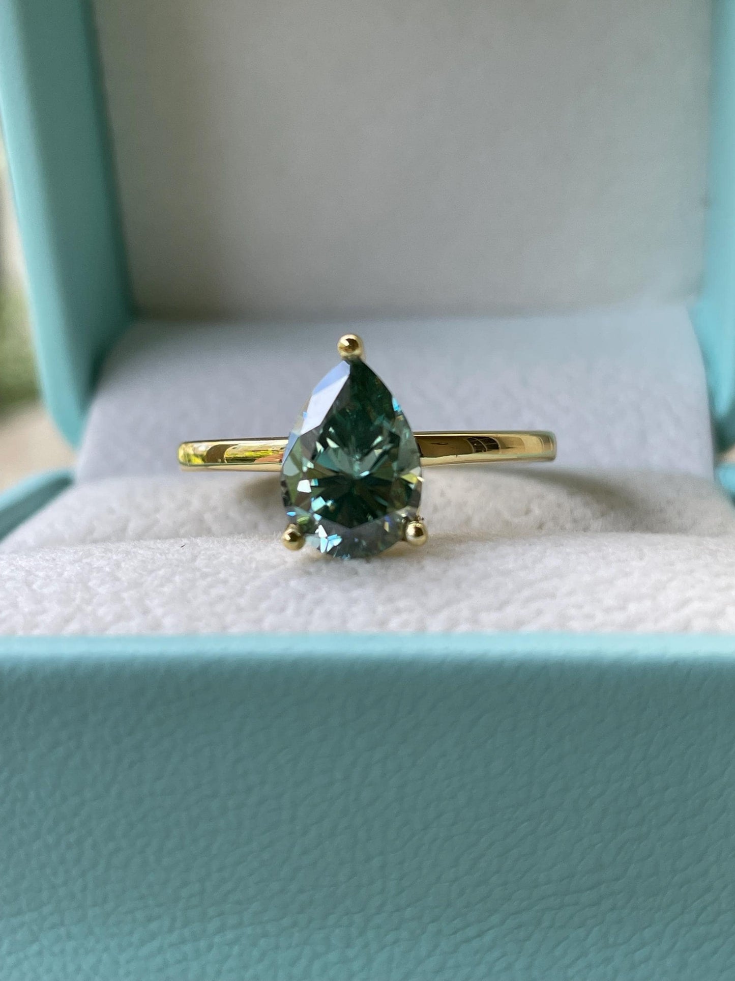 2CT pear cut green moissanite engagement ring in yellow gold vermeil or sterling silver, gift for her, May birthstone ring