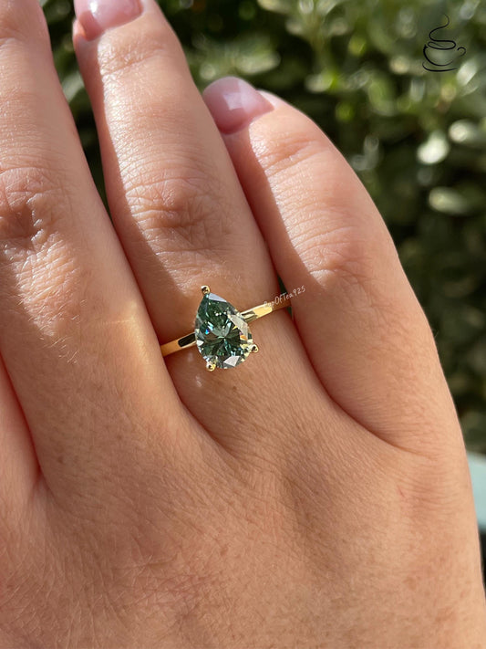 2CT pear cut green moissanite engagement ring in yellow gold vermeil or sterling silver, gift for her, May birthstone ring