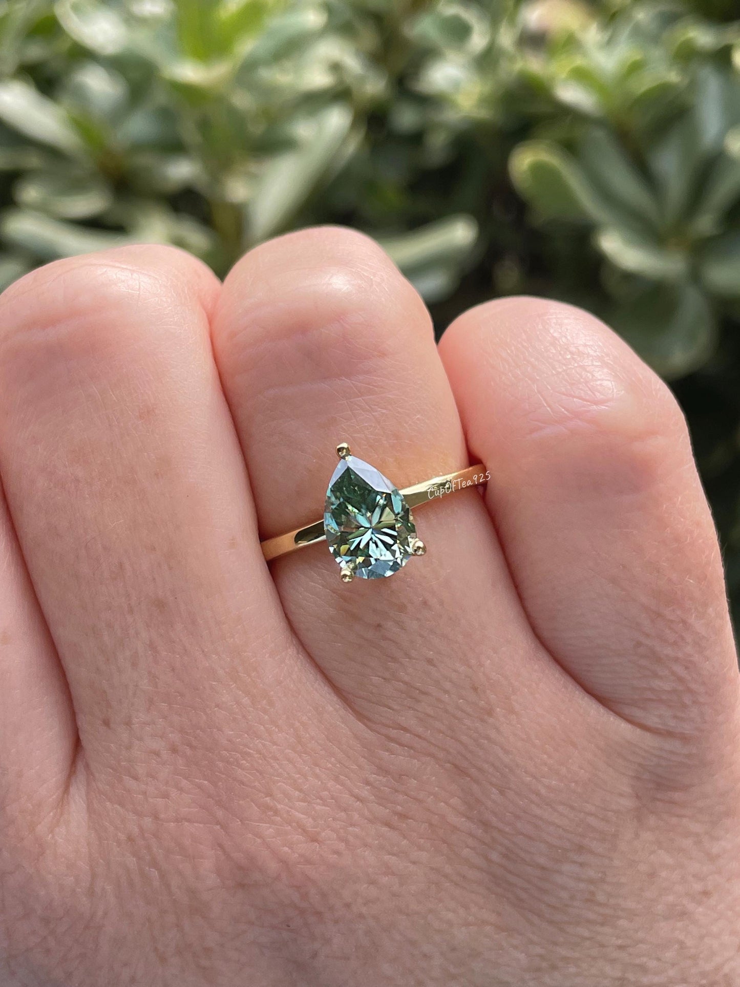 2CT pear cut green moissanite engagement ring in yellow gold vermeil or sterling silver, gift for her, May birthstone ring