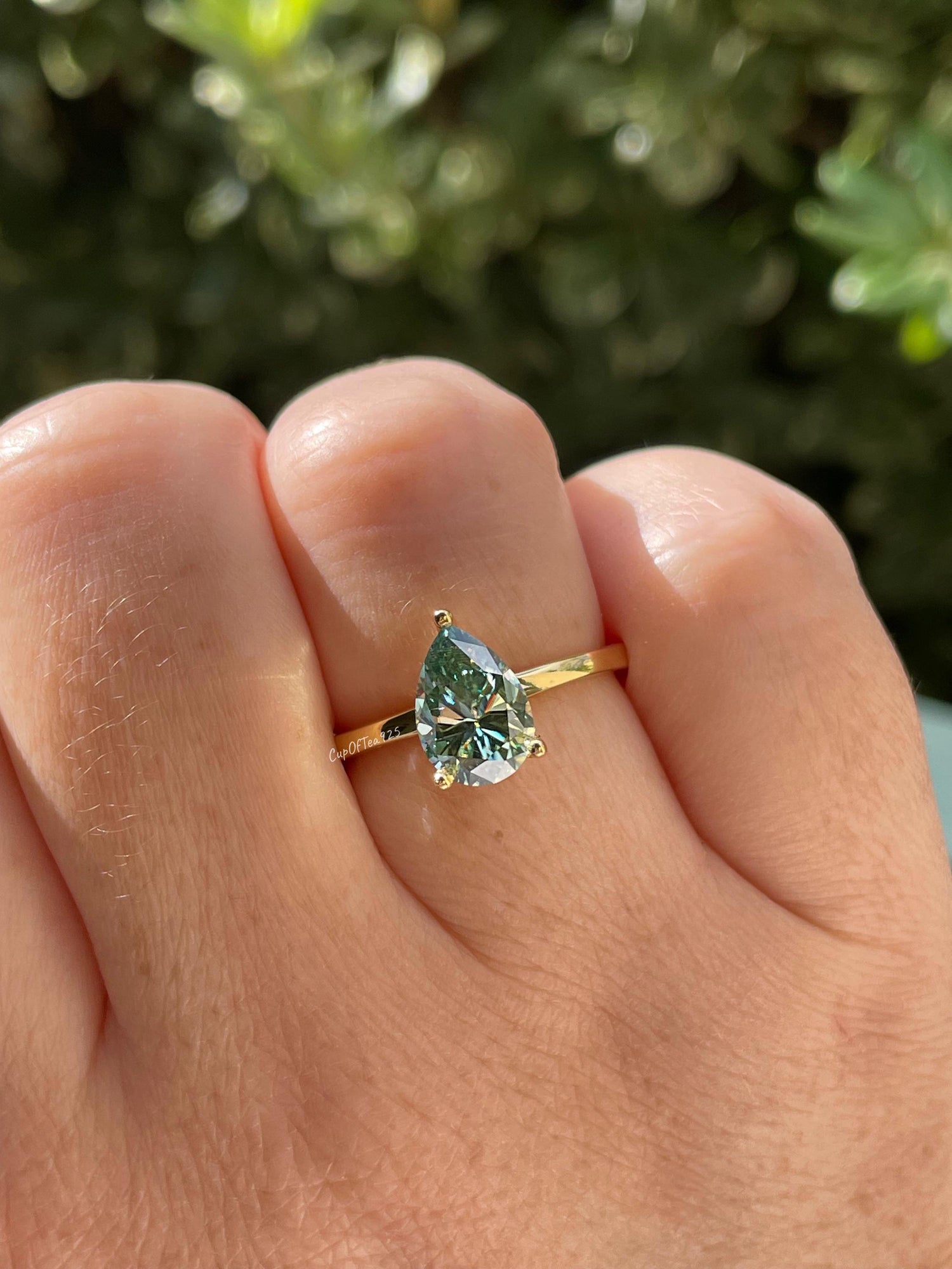 2CT pear cut green moissanite engagement ring in yellow gold vermeil or sterling silver, gift for her, May birthstone ring