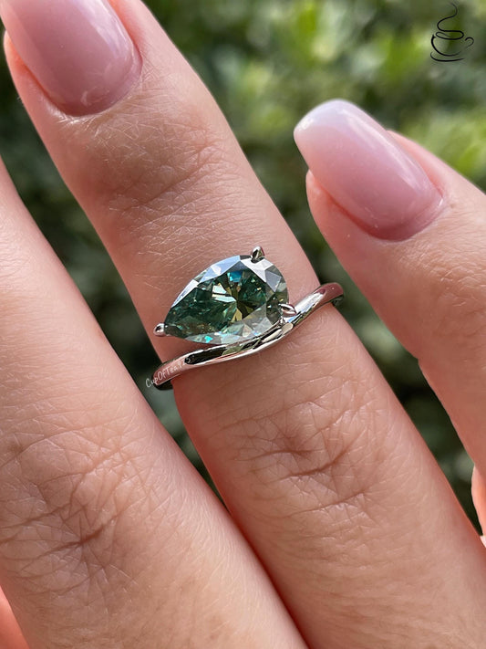 East West Pear Cut Green Moissanite Sterling Silver Engagement Ring, green stone ring, May birthstone ring, gift for her