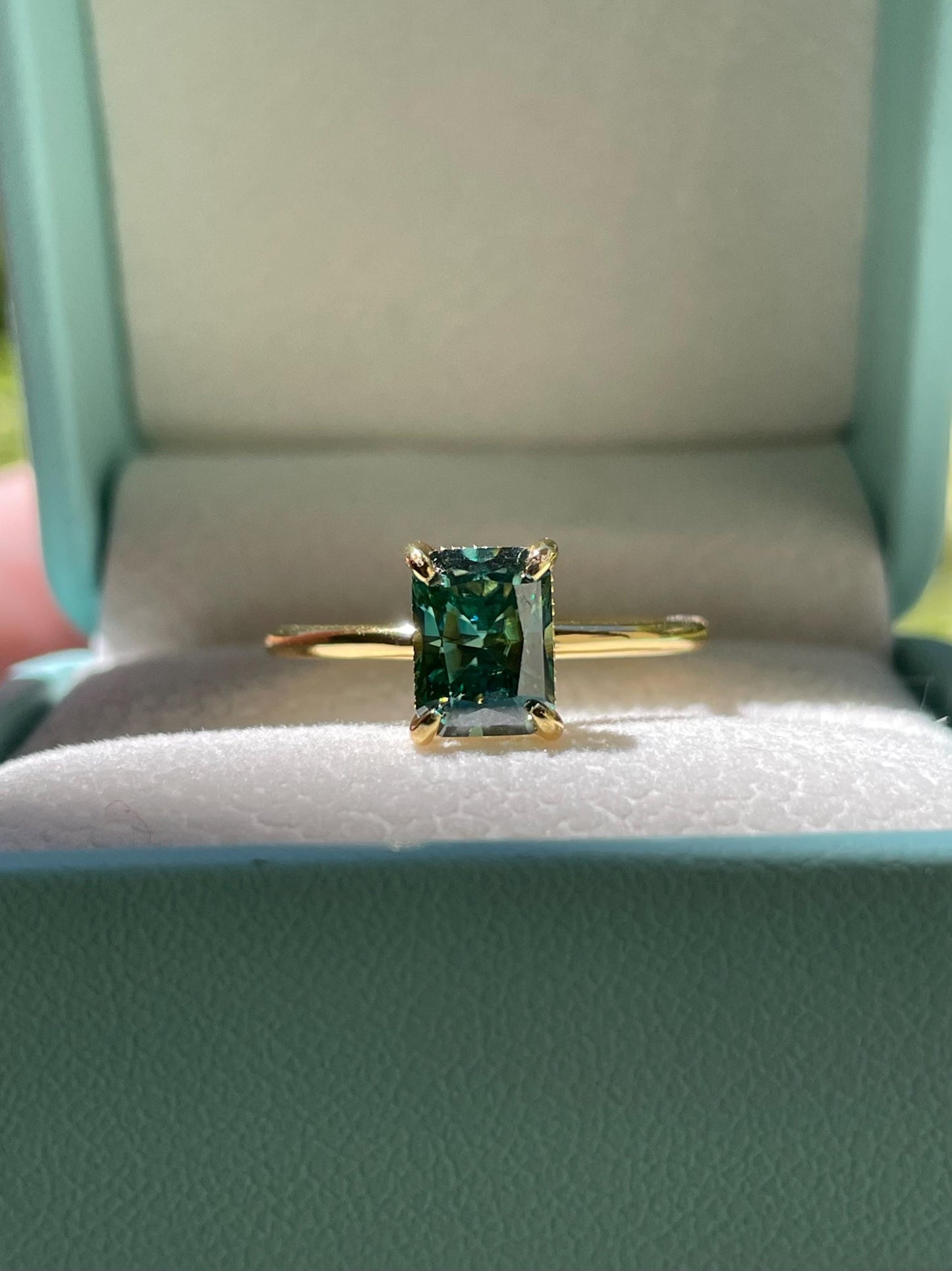 2CT radiant cut green moissanite engagement ring in yellow gold vermeil or sterling silver, gift for her, May birthstone ring