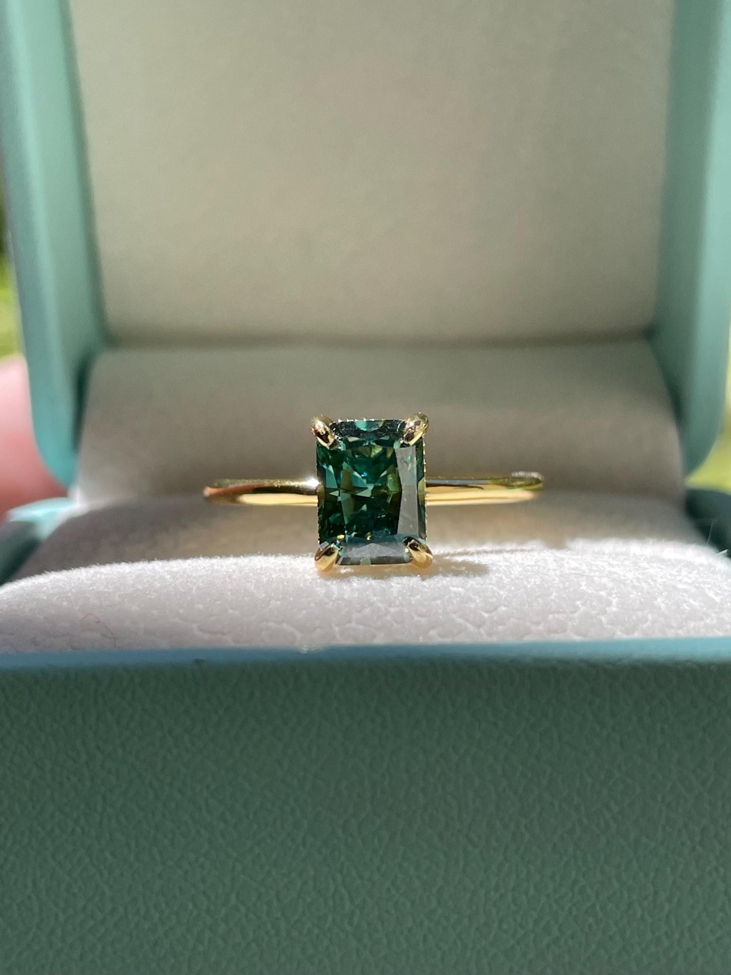 2CT radiant cut green moissanite engagement ring in yellow gold vermeil or sterling silver, gift for her, May birthstone ring