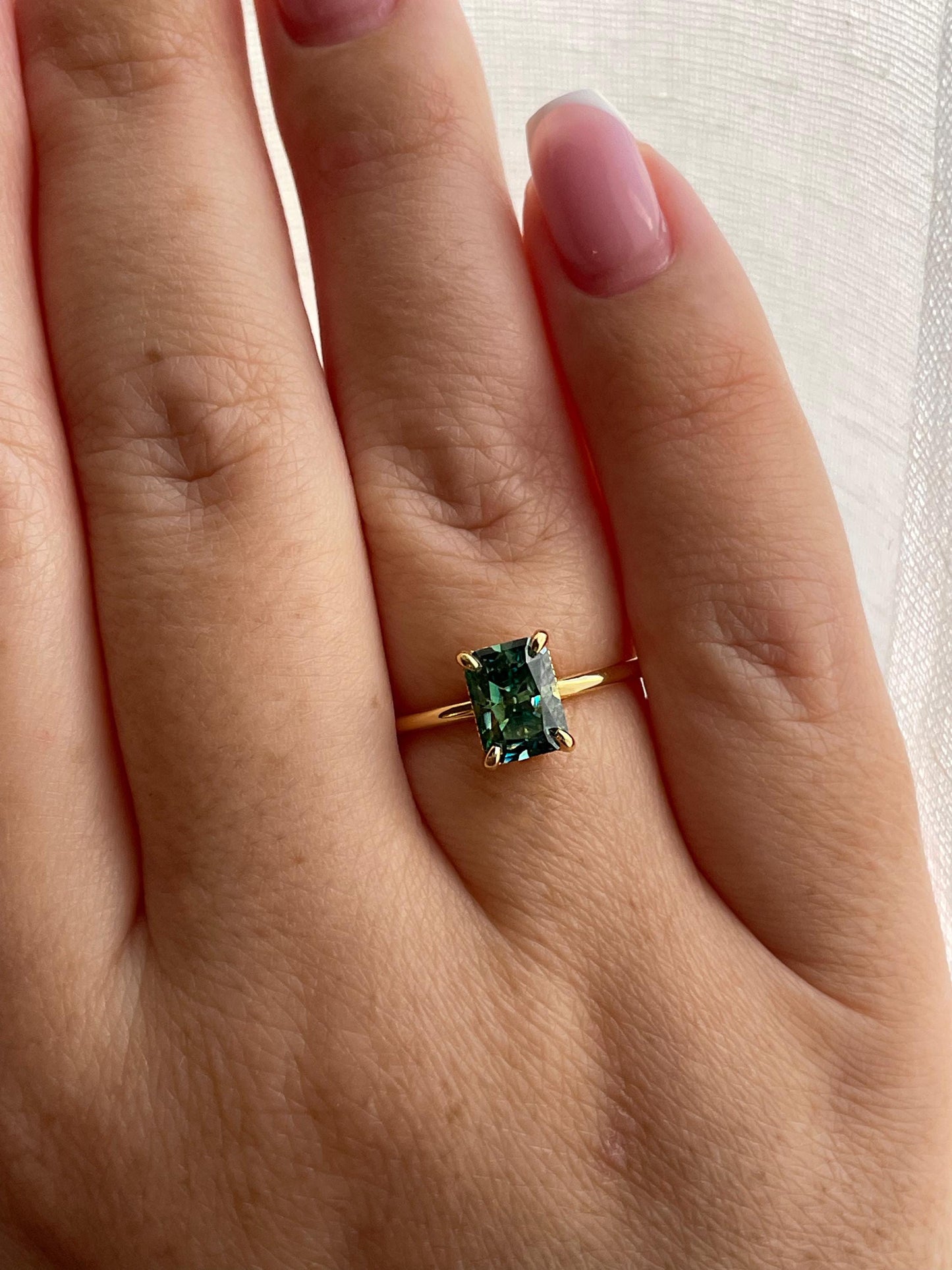2CT radiant cut green moissanite engagement ring in yellow gold vermeil or sterling silver, gift for her, May birthstone ring