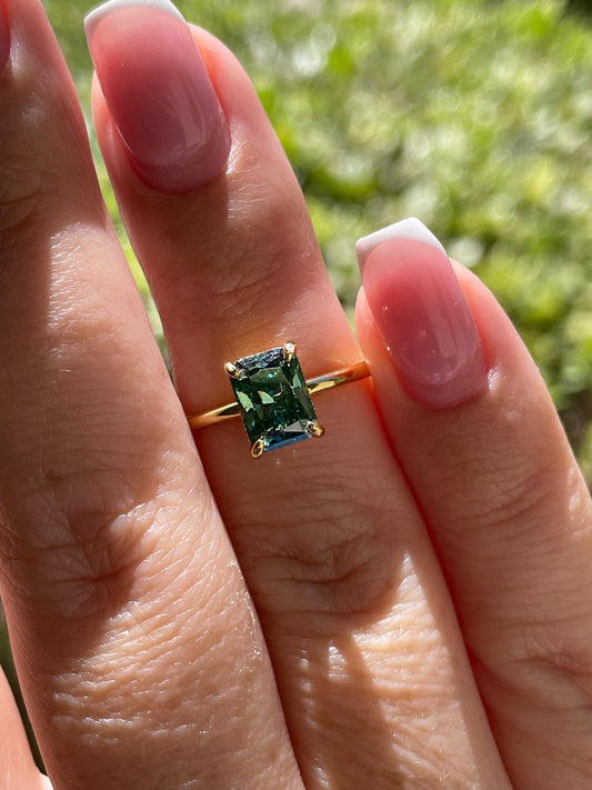 2CT radiant cut green moissanite engagement ring in yellow gold vermeil or sterling silver, gift for her, May birthstone ring