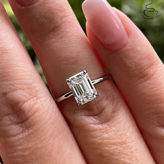 2CT Emerald cut moissanite engagement ring with a hidden halo in sterling silver 925, dainty ring