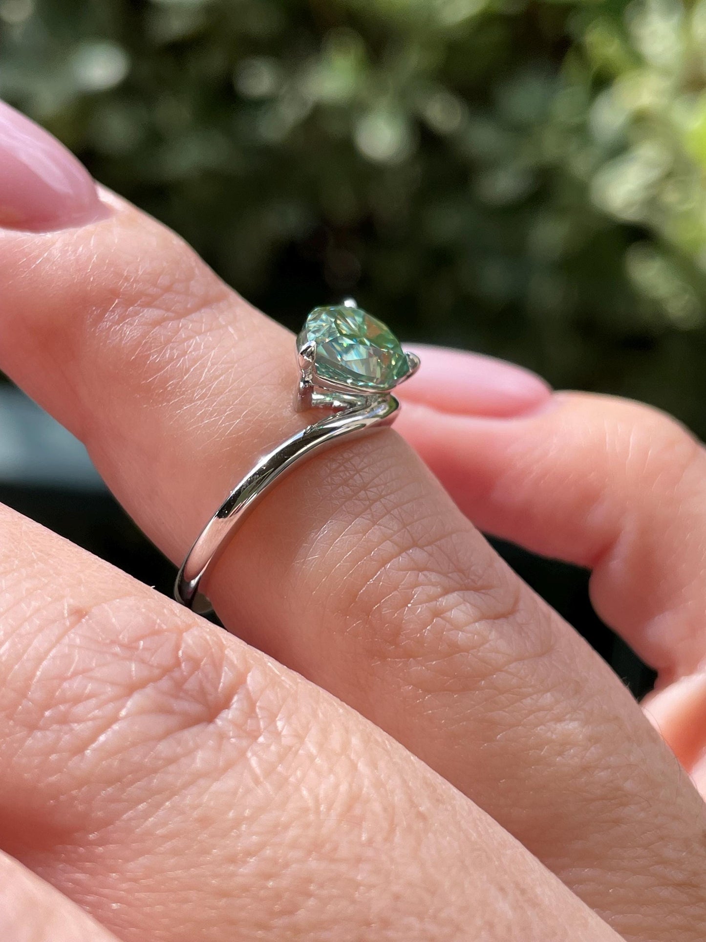 East West Pear Cut Green Moissanite Sterling Silver Engagement Ring, green stone ring, May birthstone ring, gift for her