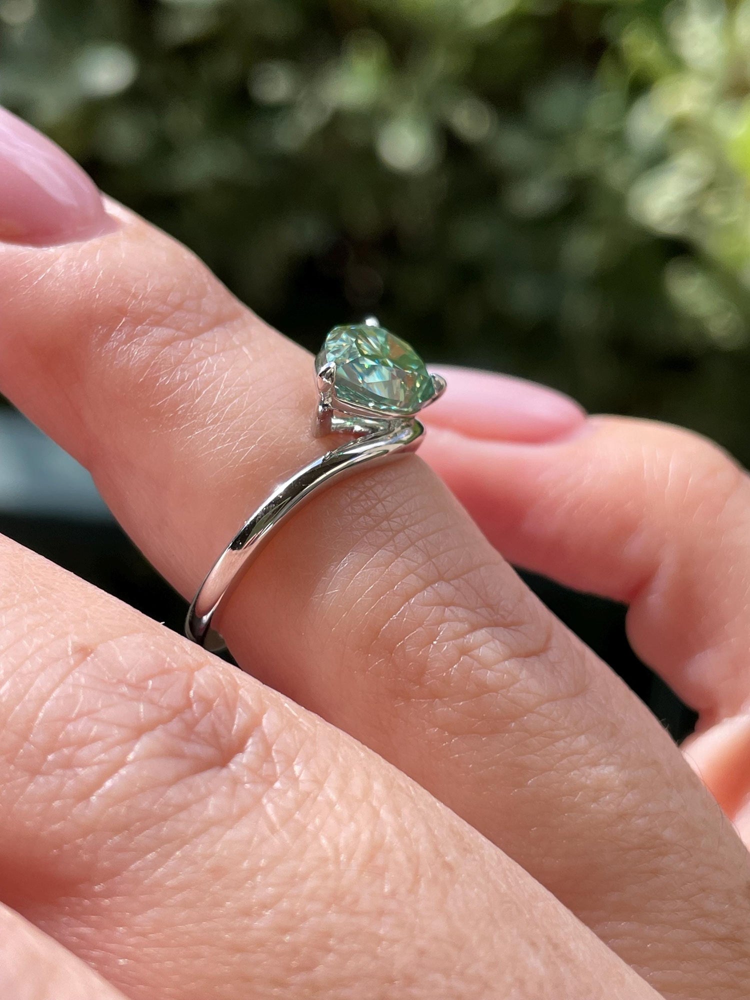 East West Pear Cut Green Moissanite Sterling Silver Engagement Ring, green stone ring, May birthstone ring, gift for her