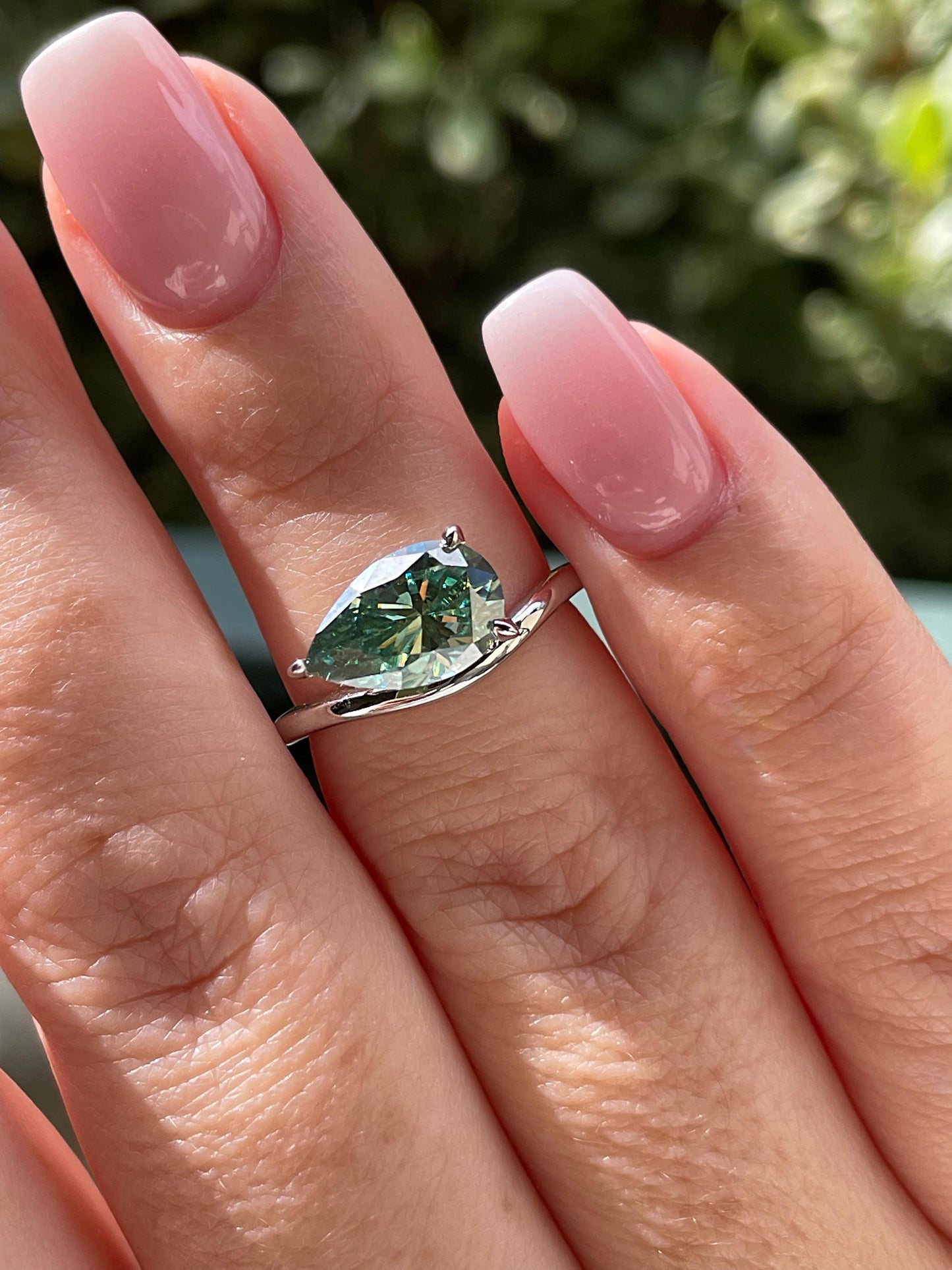 East West Pear Cut Green Moissanite Sterling Silver Engagement Ring, green stone ring, May birthstone ring, gift for her