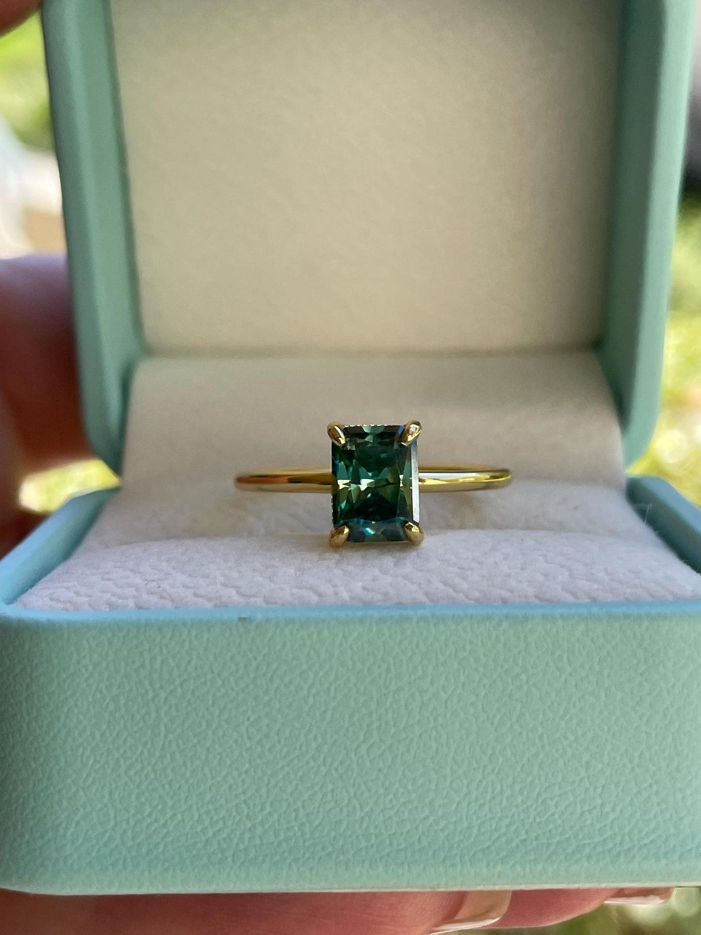 2CT radiant cut green moissanite engagement ring in yellow gold vermeil or sterling silver, gift for her, May birthstone ring
