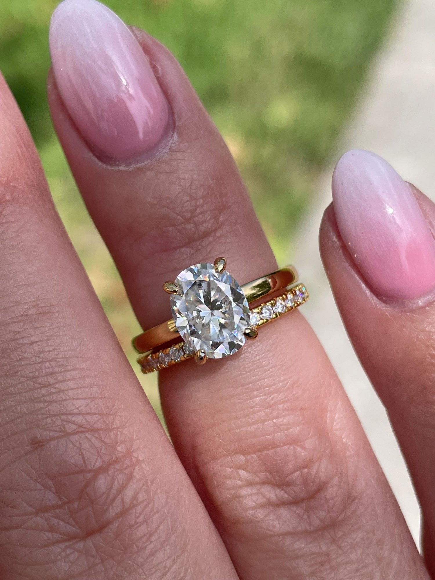 Moissanite engagement ring set. Sterling Silver, gold vermeil set with 2CT oval cut moissanite solitaire ring and half eternity wedding band