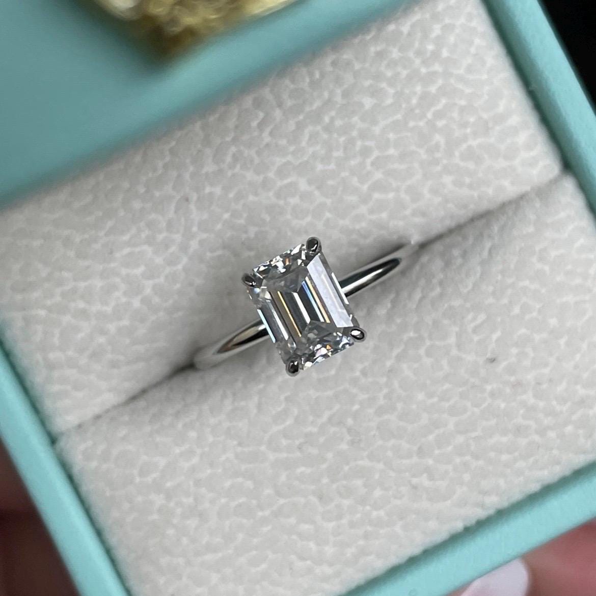 2CT Emerald cut moissanite engagement ring with a hidden halo in sterling silver 925, dainty ring