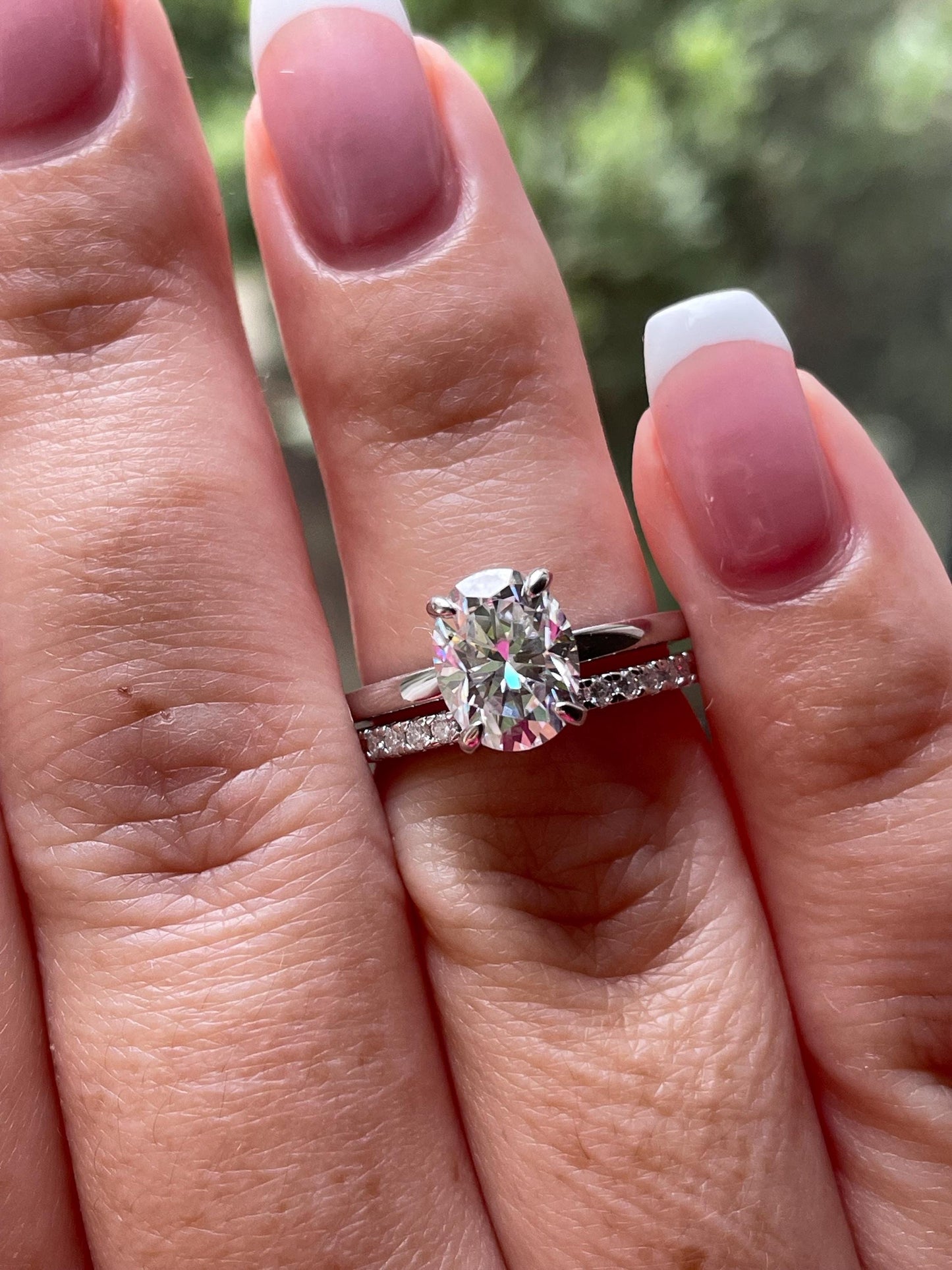 Moissanite engagement ring set. Sterling Silver, gold vermeil set with 2CT oval cut moissanite solitaire ring and half eternity wedding band