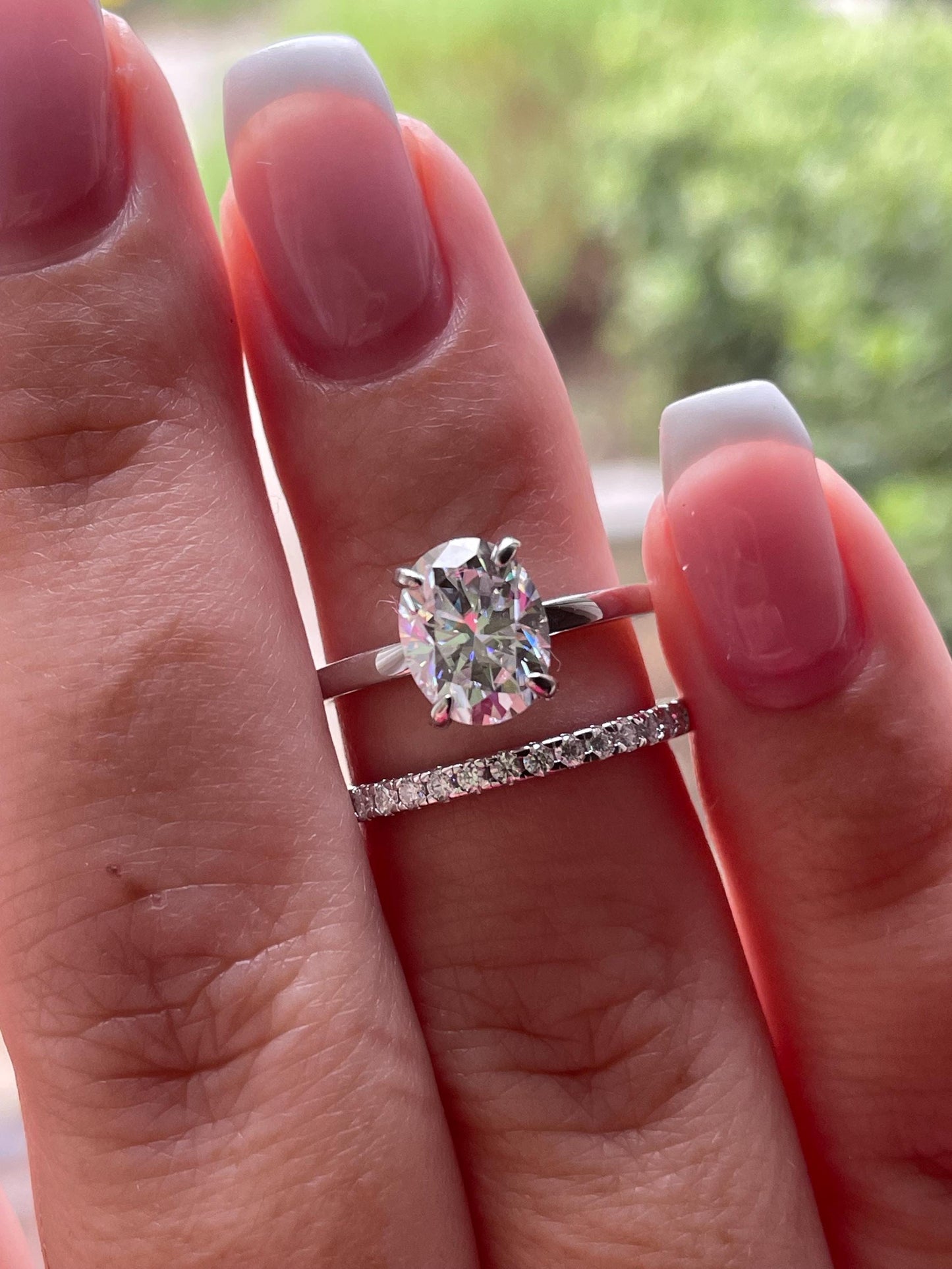 Moissanite engagement ring set. Sterling Silver 925 bridal set with 2CT oval cut moissanite solitaire ring and half eternity wedding band
